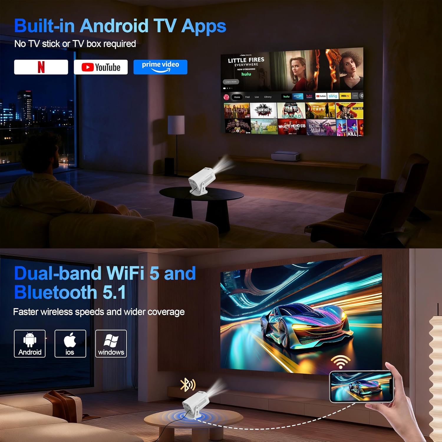 Mini Projector with WiFi and Bluetooth, Built-in App Smart Portable Projector 4K Support, Auto Keystone 180° Rotatable, Android 13 OS, Compatible with Smartphone/Laptop/TV Stick/HDMI/USB