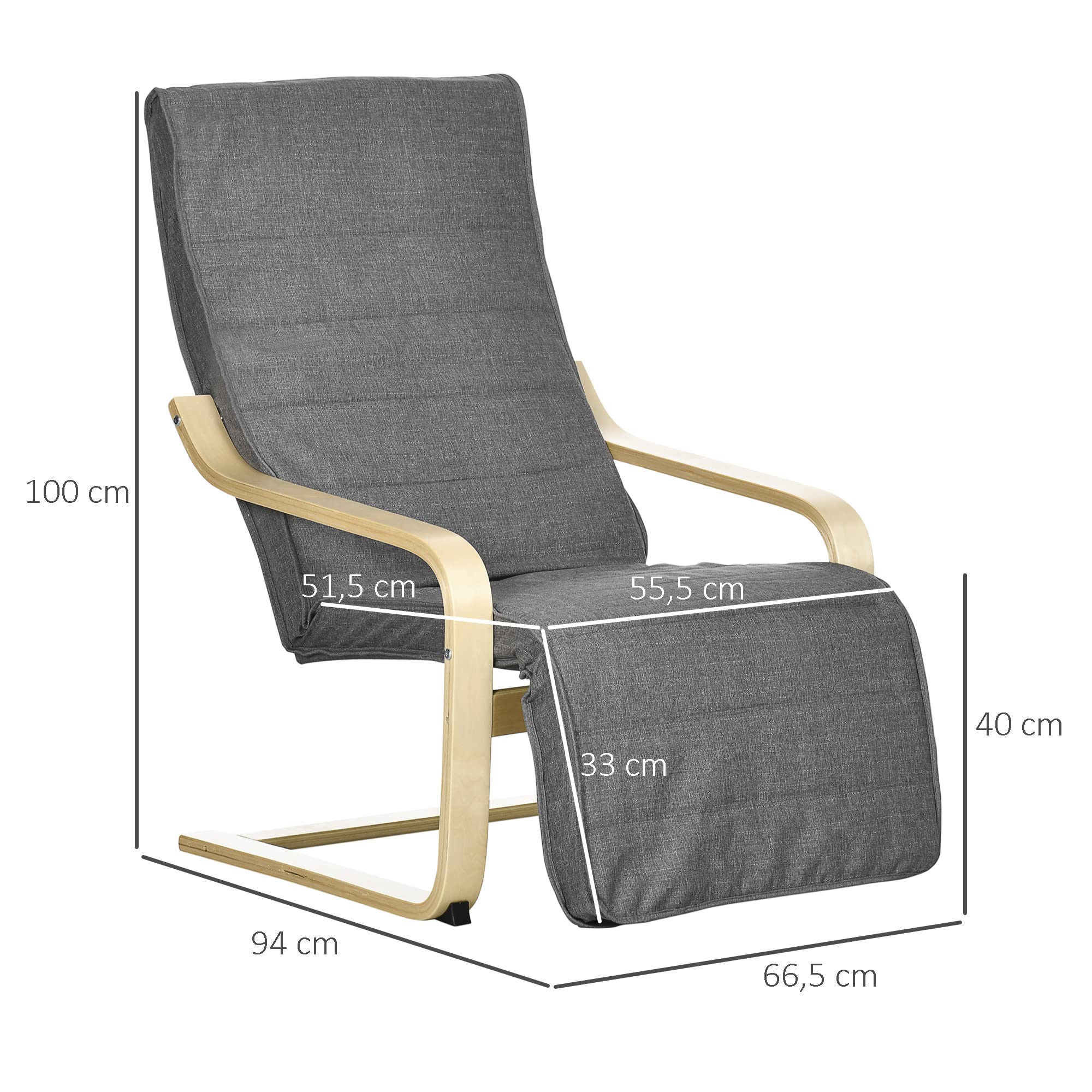 HOMCOM Fauteuil Relax Chaise de Salon avec Repose-Pied réglable déhoussable Confort et Relaxation 94 x 66,5 x 100 cm Bois Massif Gris