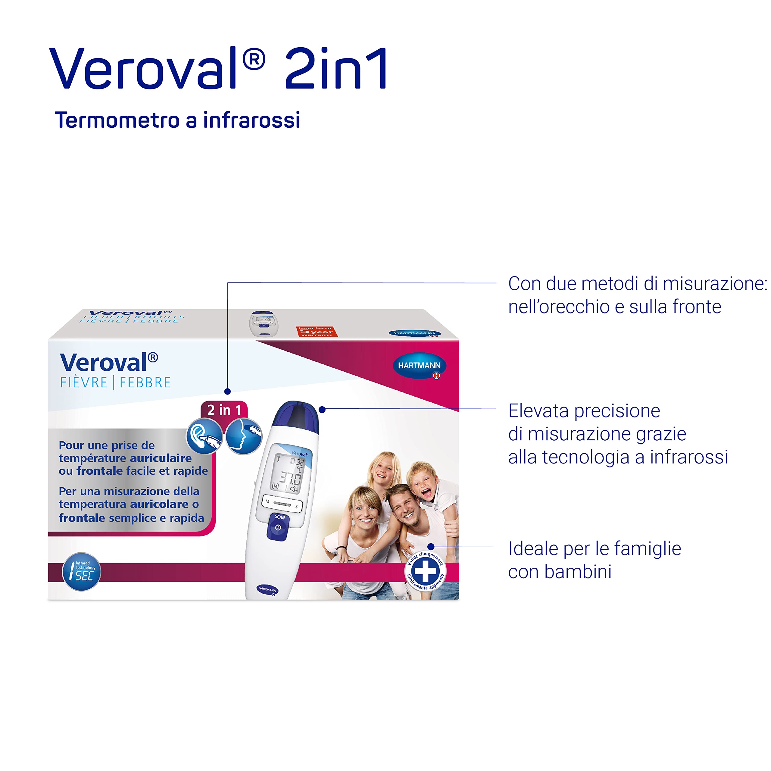 Veroval, Termometro a Infrarossi Veroval 2 in 1 per Misurare la Febbre Nell’Orecchio o Sulla Fronte in Modo Semplice e Rapido; Ottimo per Famiglie Con Bambini; 1 Scatola Contenente 10 Cappucci Monouso
