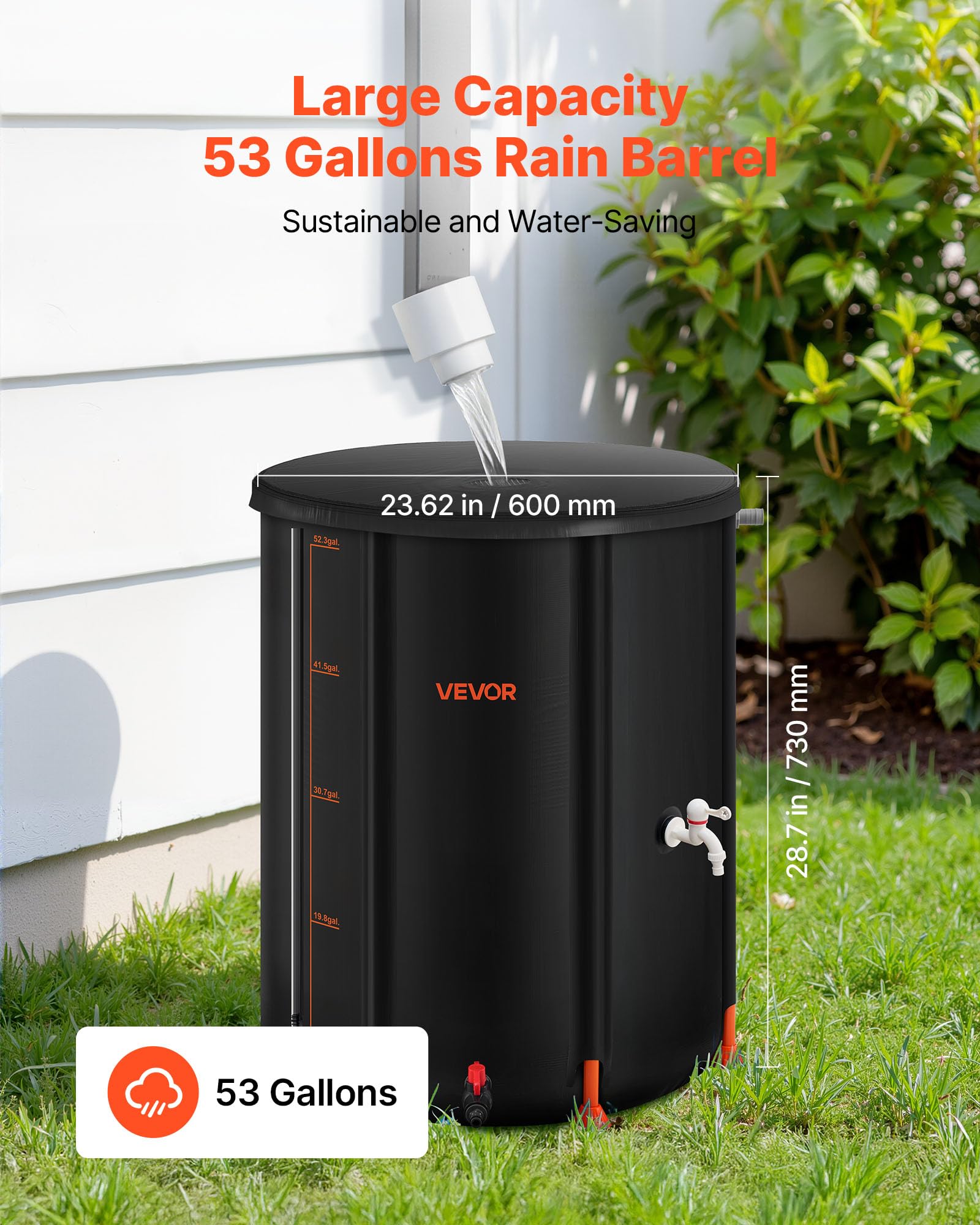 VEVOR Barril de Lluvia Plegable, Barril Portátil de 201 L de PVC 1000D para Recolección de Agua de Lluvia, Contenedor de Almacenamiento de Agua para Jardín con Grifo y Kit de Desbordamiento, Negro