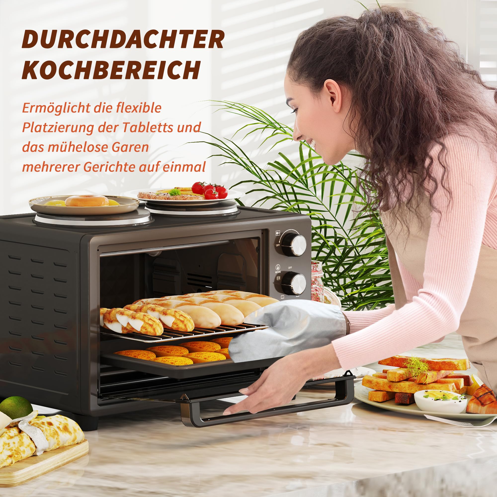 HOMCOM Minibackofen 28 L 2600W 100-230℃ Pizzaofen mit 60 Min. Timer, Grillrost 2 Kochplatten, Backblech, Mini Backofen mit Tablettgriff, Krümelblech, Schwarz