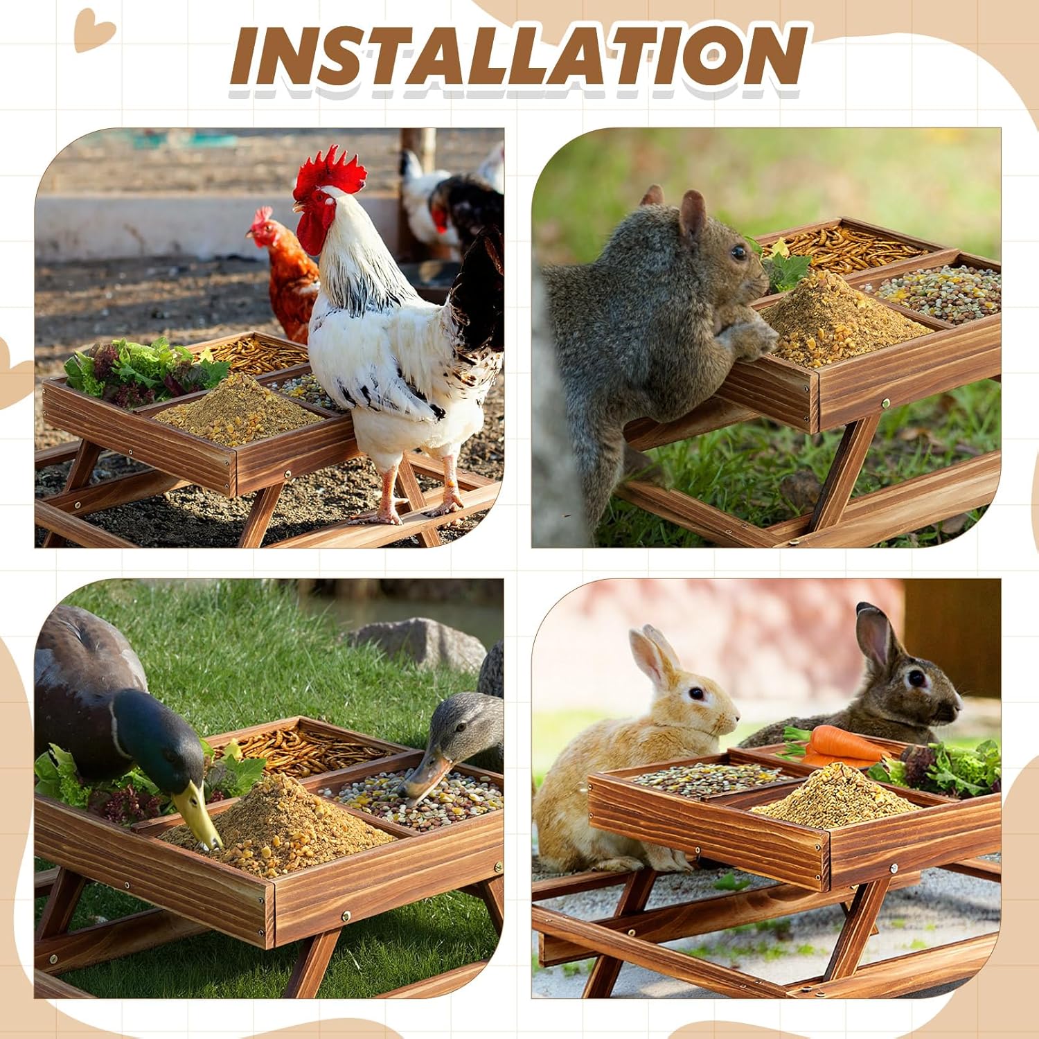 Geelin Chicken Feeder No Waste 22.8 x 22.8 x 10 Inches Chicken Picnic Table Kit with 4 Chick Carbonized Solid Wood Feeder 4 Stool Handmade DIY for Chick Coop Mesh Bottom Food Fresh Dry Easy Clean Fill