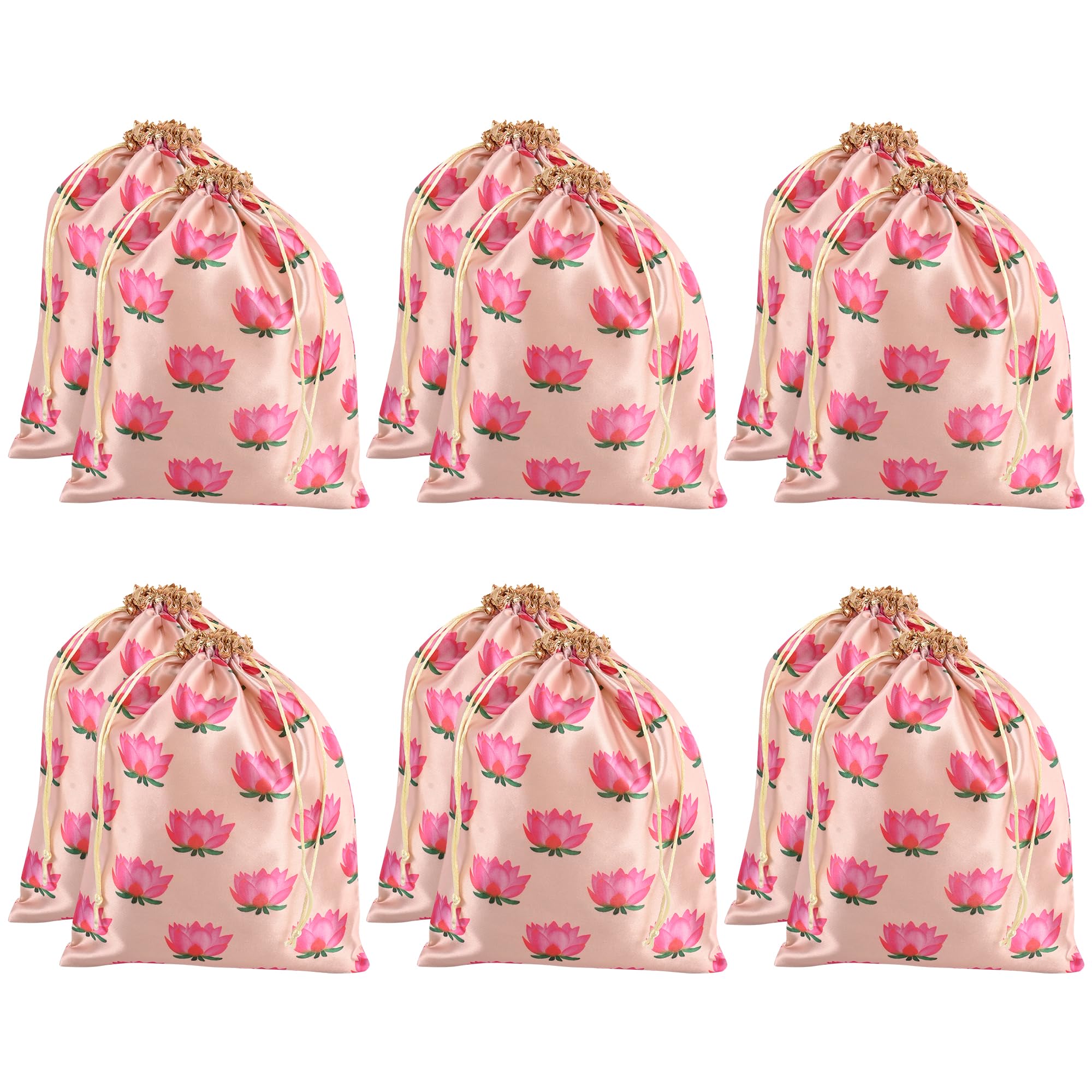 Kuber Industries Pack of 12 Potli Bags | 9x12 Inch | Potli Bags for Return Gifts | Wedding-Party Bags | Drawstring Closure Potli | Wallet Potli | Baby Shower Potli | Lotus Print | Cream