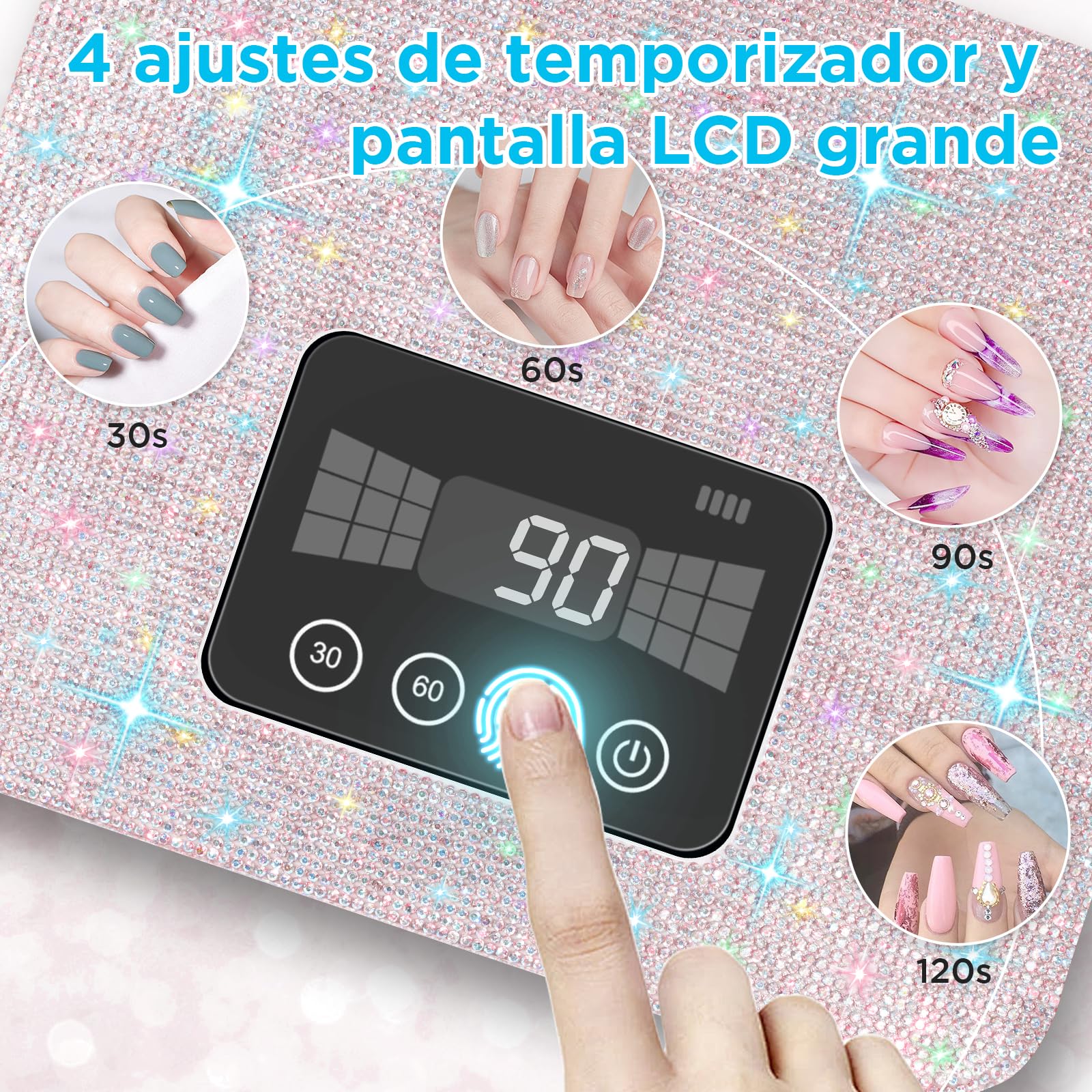 Lámpara UV recargable e inalámbrica para uñas de gel, lámpara LED para uñas con 4 modos de temporizador y decorada con brillantes diamantes de imitación para uñas, 1pcs