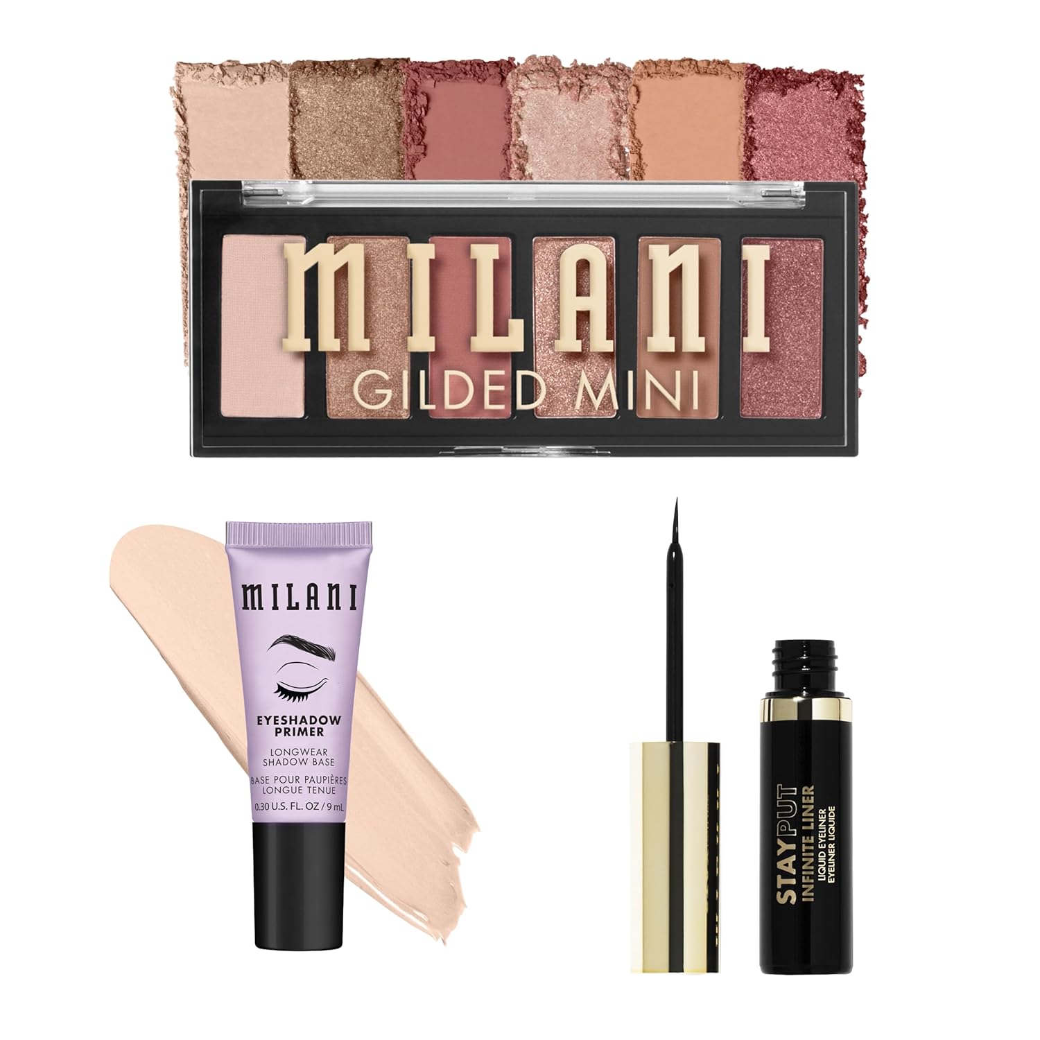 Milani Eyeshadow Primer + Gilded Mini Eyeshadow Palette - It's All Rosé + Stay Put Infinite Eyeliner for Sharp, Precise Lines, Black Bundle