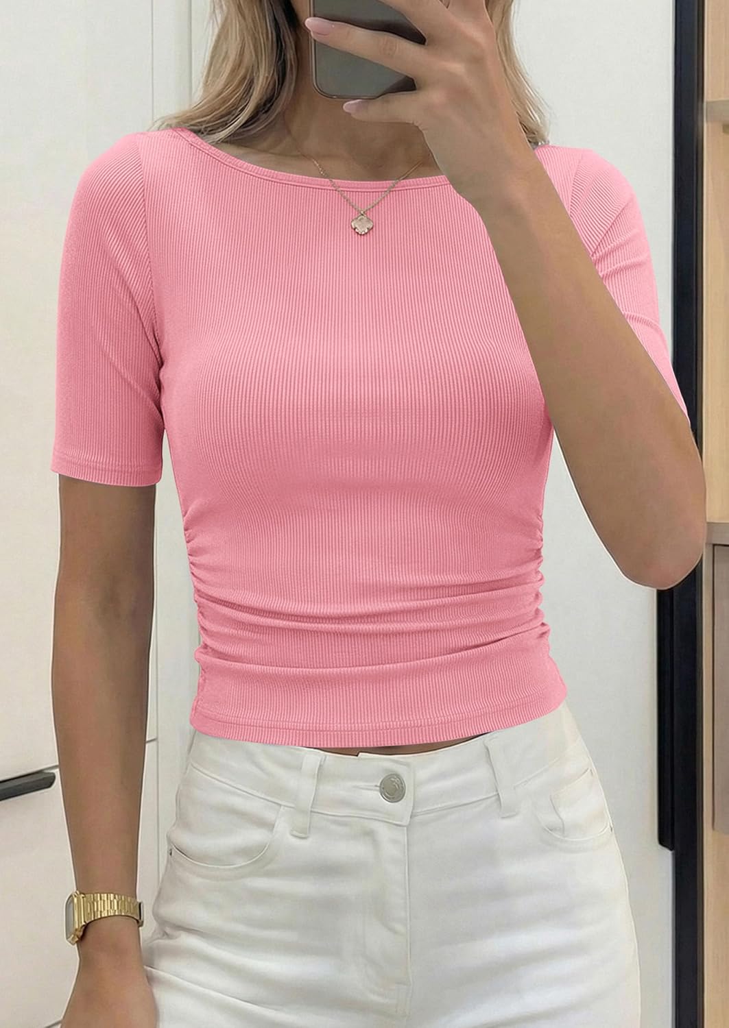 PRETTYGARDEN Womens Summer Short Sleeve Tops Boat Neck Ribbed Knit Slim Fit T Shirt Casual Basic Top 2026 Spring Clothes - Image 7