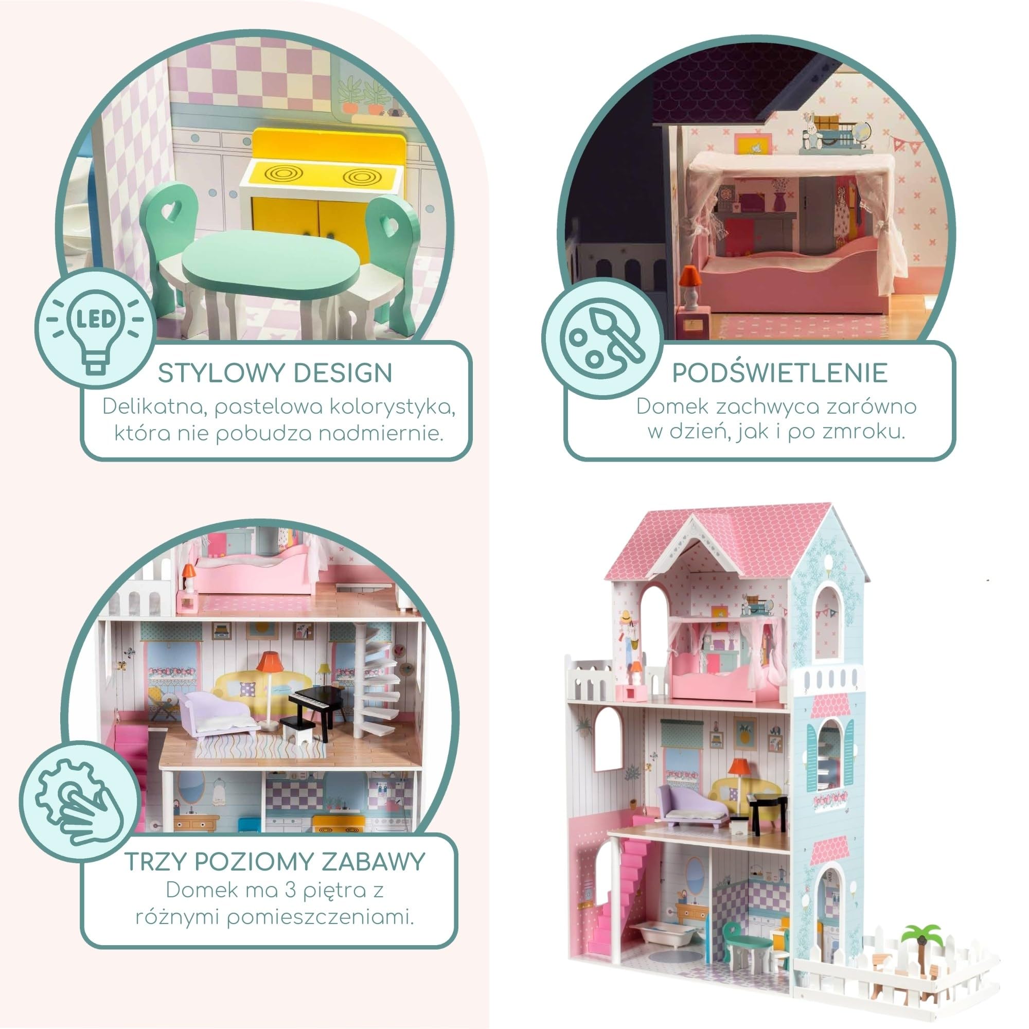 Mamabrum Casa de Muñecas de Madera XXL con LED – Casita de Muñecas de 3 Pisos con Muebles, Jardín y Accesorios – Casa de Barbie de Madera Educativa para Niñas +3 Años