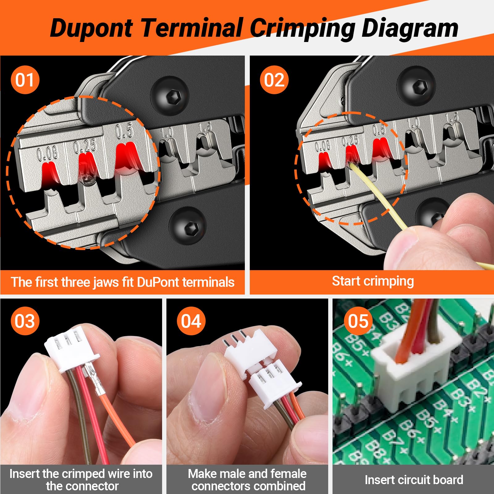 Pince à Sertir, Preciva DoPont Circlip Pince a Sertir pour ATX/EPS/PCIE/SATA Connecteur Bêche, 0.08-1.5mm²/28-16 AWG Pince à Sertir à Cliquet Pince a Cosse pour Les Travaux Électriques