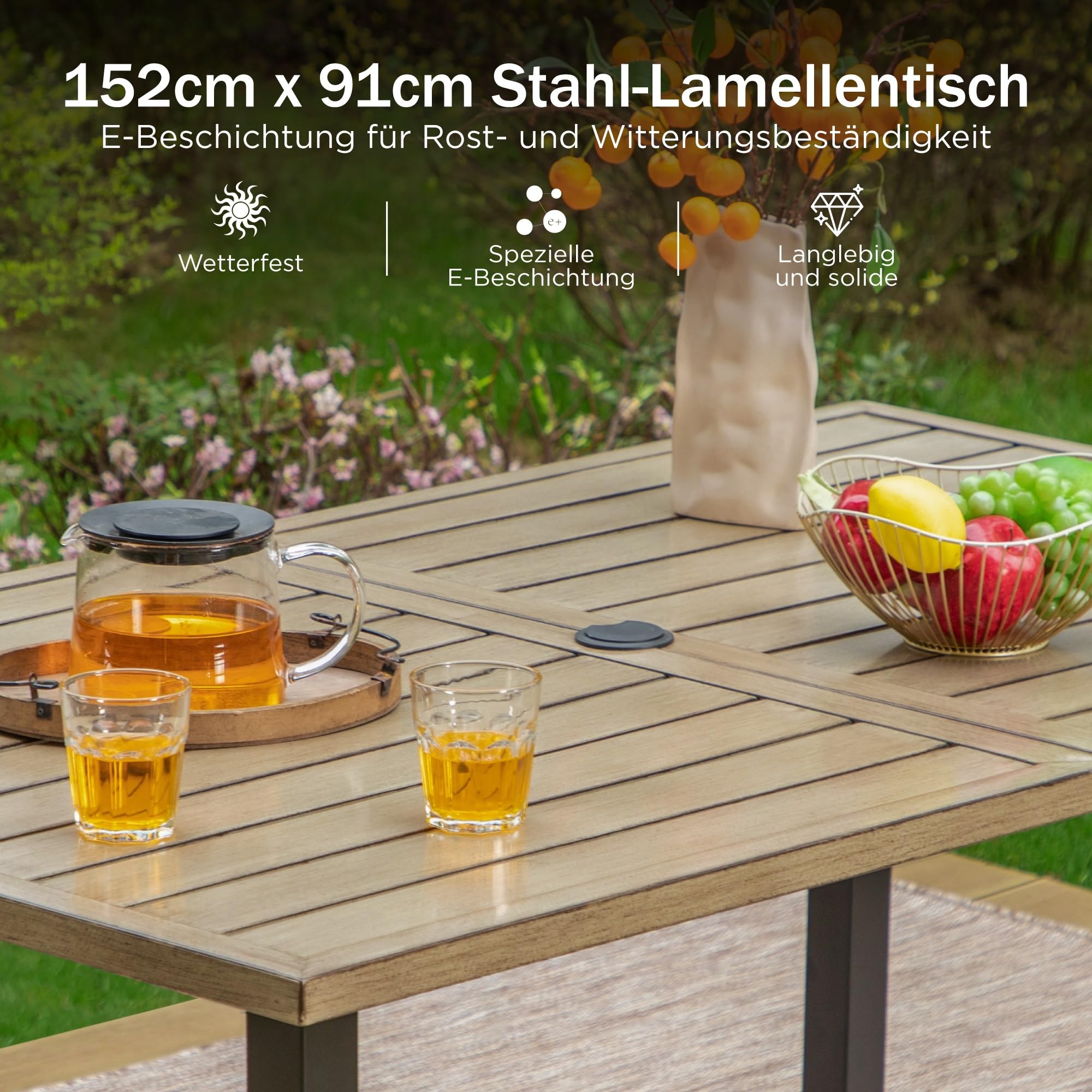 PHI VILLA Gartentisch mit Schirmloch Terrassentisch Gartentische Wetterfester 152x92x73cm Rechteckiger Outdoor Tisch mit Holzähnlicher Metall Tischplatte 4cm Schirmloch für Terrasse Bistro Garten