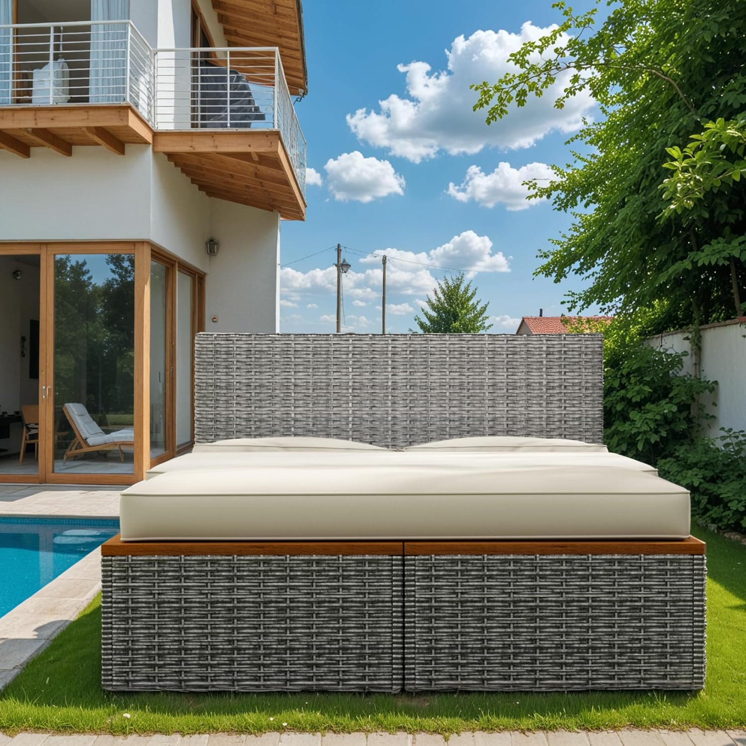 Flamaker Outdoor Rattan Daybed with 2 Side Tables, Multifunctional Wicker Patio Sofa with Storage Ottoman, Cushions, Sunbed Wicker Furniture Chaise Lounge Chair for Backyard Porch Poolside(Beige)