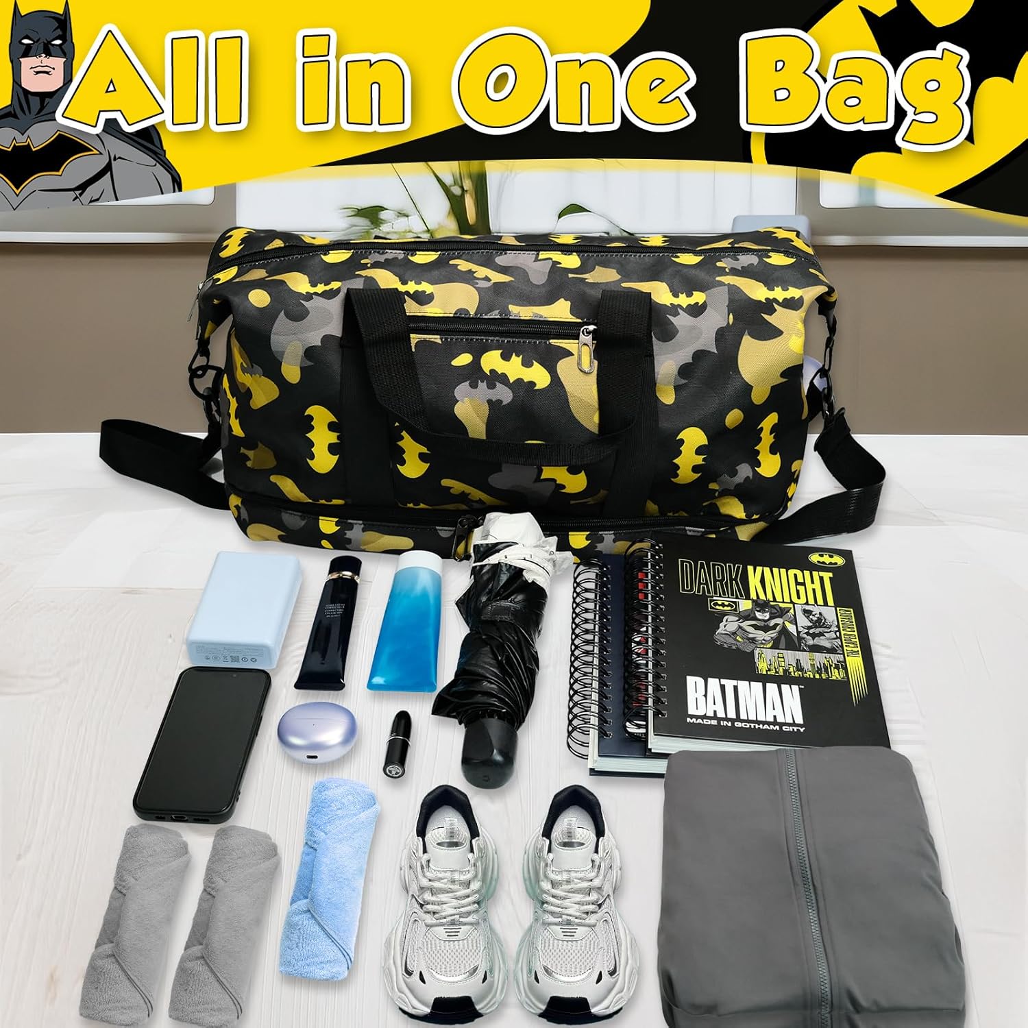 BATMAN Travel Duffle Bag – Superhero Waterproof Sports Gym Bag for Boys Girls Teens, Overnight Weekender with Shoe Compartment and Wet/Dry Pocket, Hero Themed Sleepover Carry-On Tote - Image 3