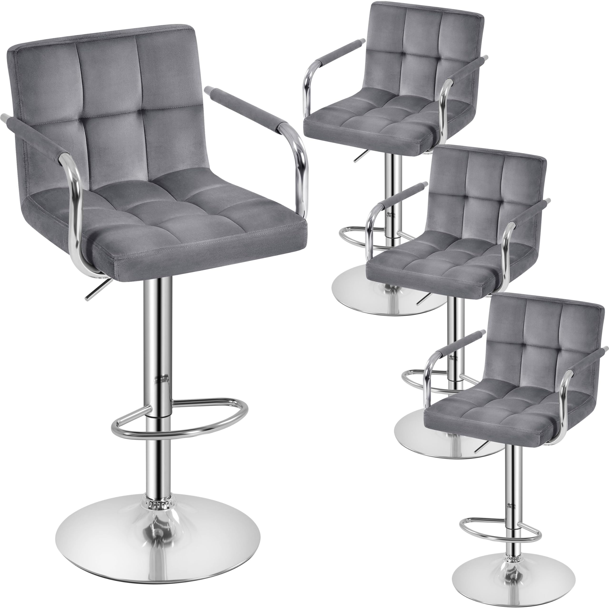 Yaheetech Velvet Bar Stools Set of 4, Adjustable Barstools with Armrest, Counter Height Stool Chairs with Thickened Seat Cushion for Kitchen Island,