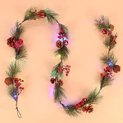 N&T NIETING 6FT Christmas Garland with Lights, 8 Light Modes Christmas Garland with 18 LED Lights Branches Berries Bells Snowflake Pinecones for
