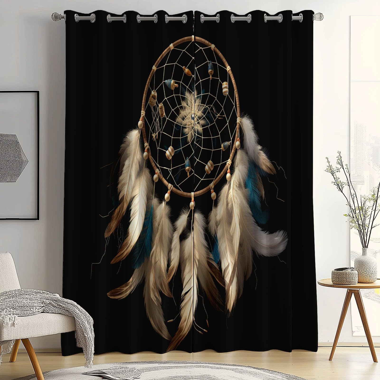 Rideau Occultant Noir Imprimé pour Salon Chambre Fenetre 85L X 200H cm (2 Panneaux) Rideaux à œillets d'intérieur isolés pour la Maison Bohème Fantastique Attrape-rêves Chambre Décoration Rideaux
