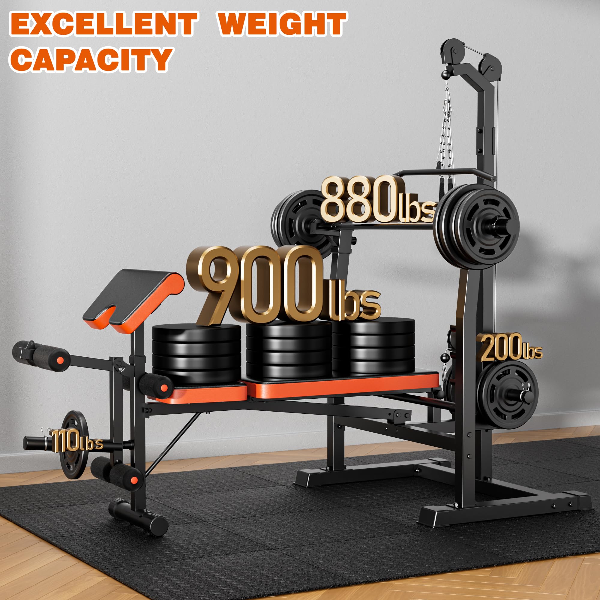 9-in-1 Olympic Weight Bench Set with Lat Pulldown, Rowing, Squat Rack, Leg Extension/Curl, Preacher Pad, 900LB Adjustable Bench Press for Home Gym Weight Lifting Full-Body Workout