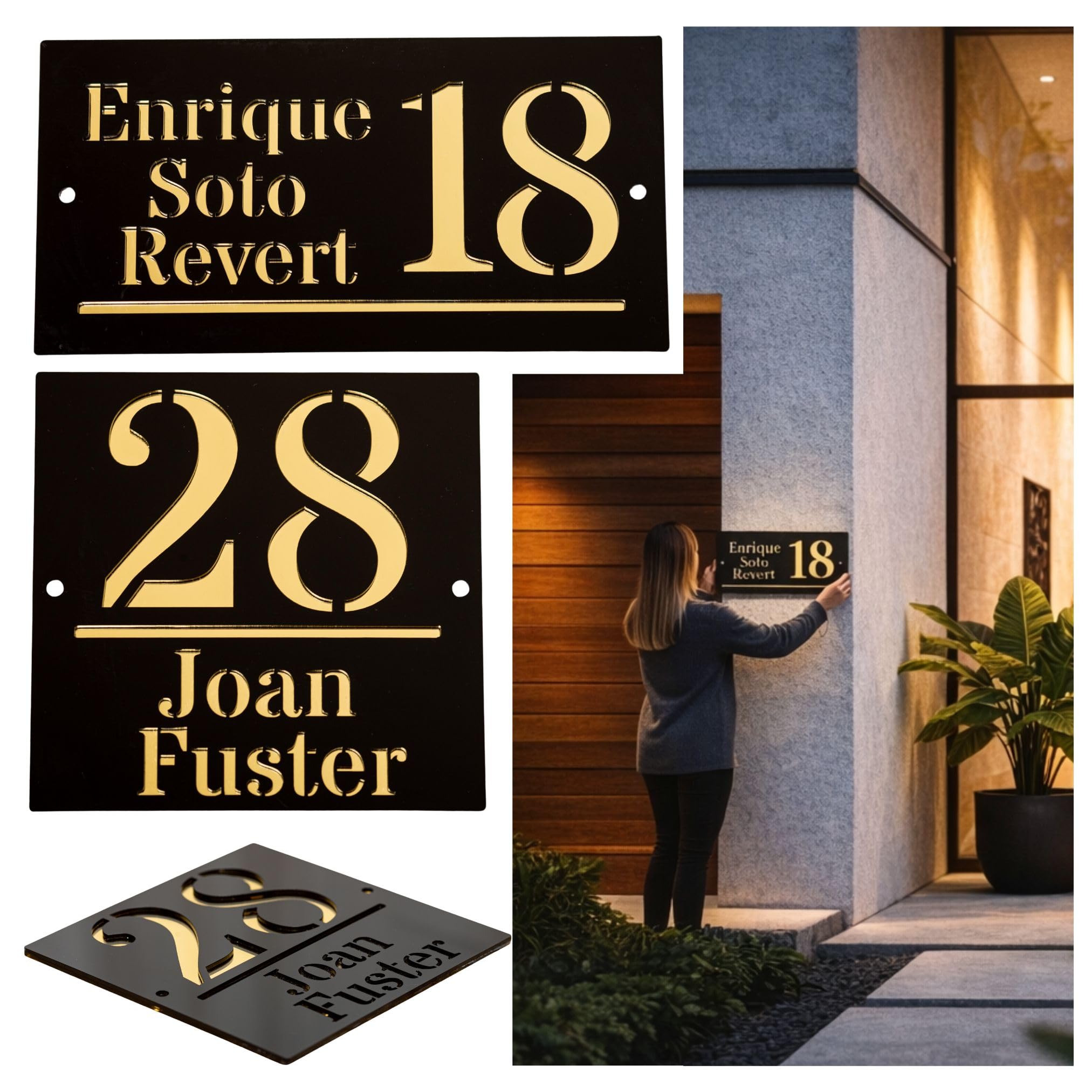 Número de Casa Personalizado con Nombre Placa Exterior Moderna en Metacrilato Negro y Oro – Letrero Dirección Casa Regalo Casa Nueva para Familia Placa Decorativa Olesea