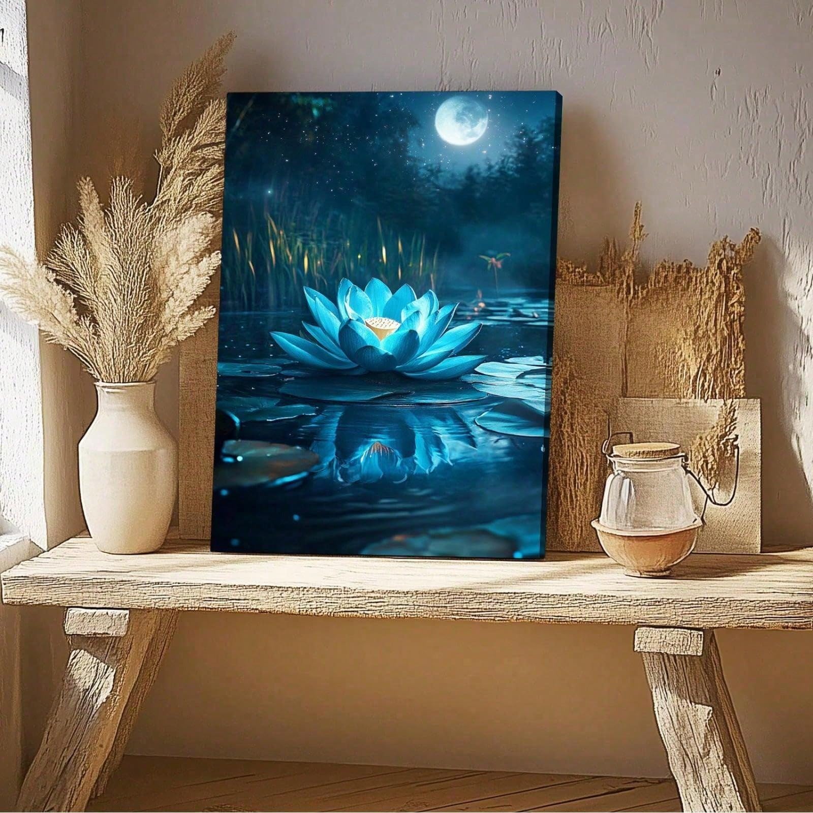 AIHNBF Mistico fiore di loto blu chiaro di luna laghetto stampa su tela incandescente ninfea notte natura paesaggio pittura zen meditazione decorazione per soggiorno camera da letto 80 x 120 cm