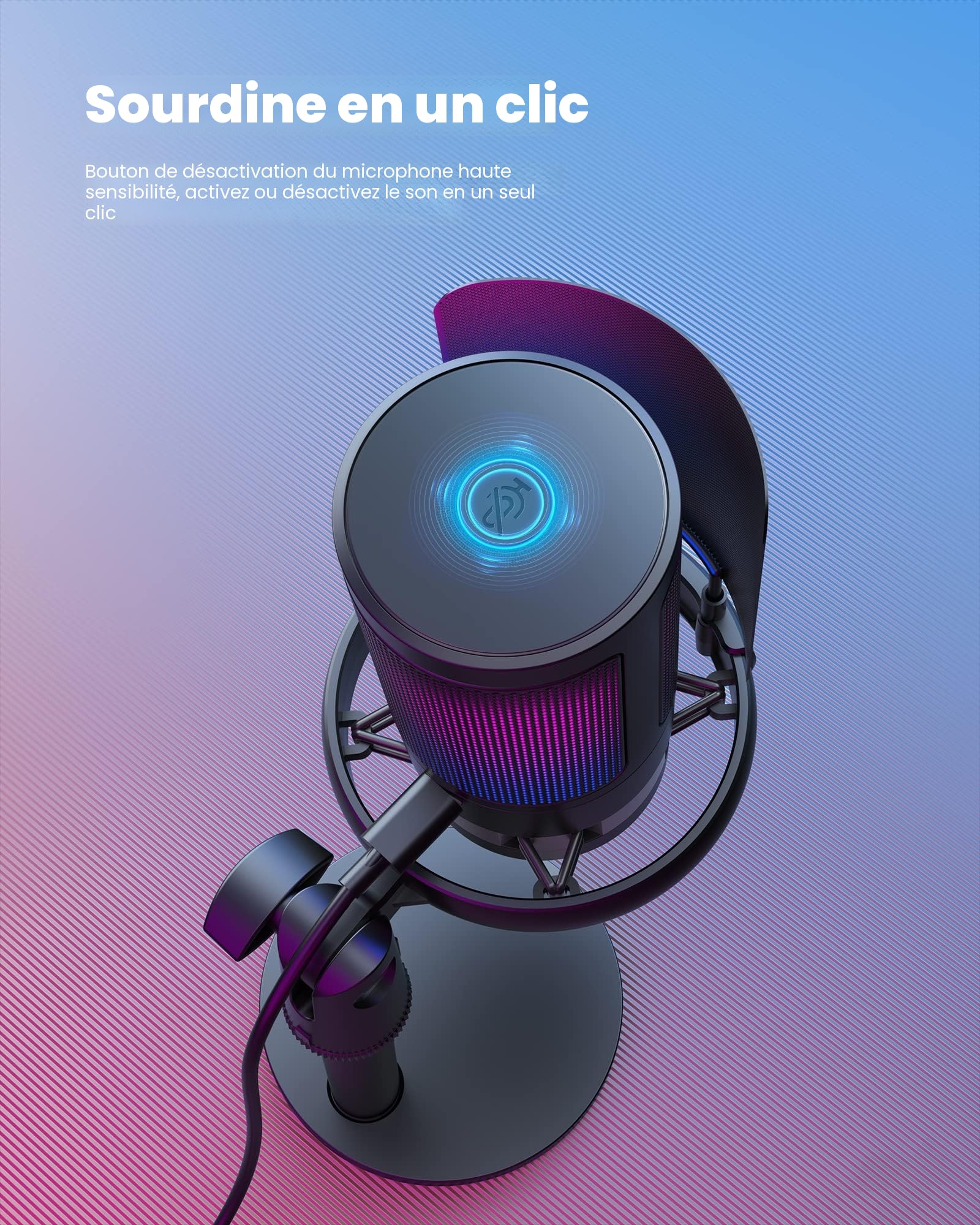 USB Microphone USB à condensateur, RGB Microphone Gaming, Une touche muet、Le bouton contrôle le volume、Filtre anti-pop en métal, pour le streaming, les jeux, les podcasts, la production musicale