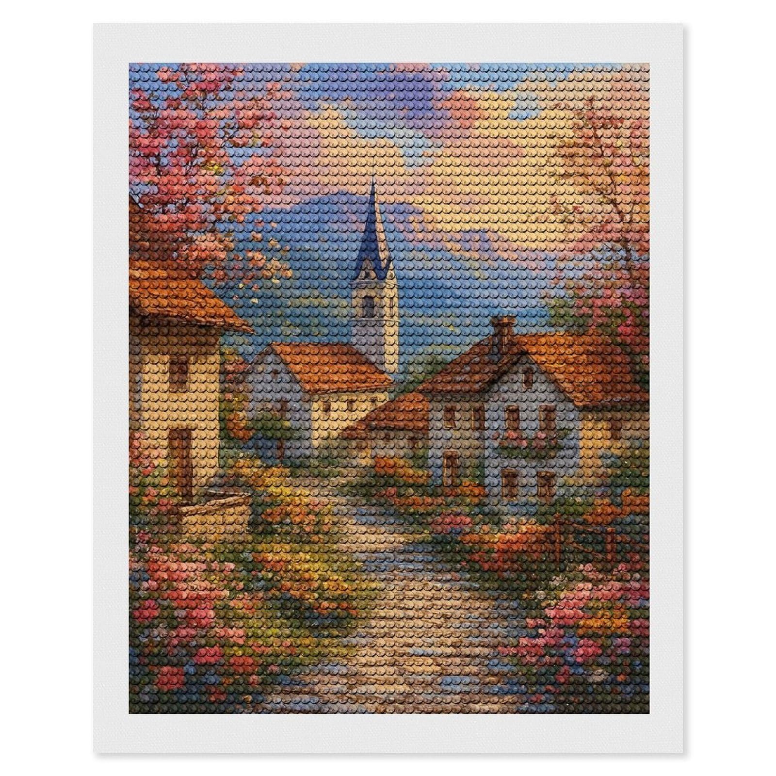 Junmoney Idyllic Village Scene with Flowers Diamond Painting Kit 16"x20", Thoughtful Handmade Gift, for Creative Relaxation, Printed Canvas, Cosy Home Accent