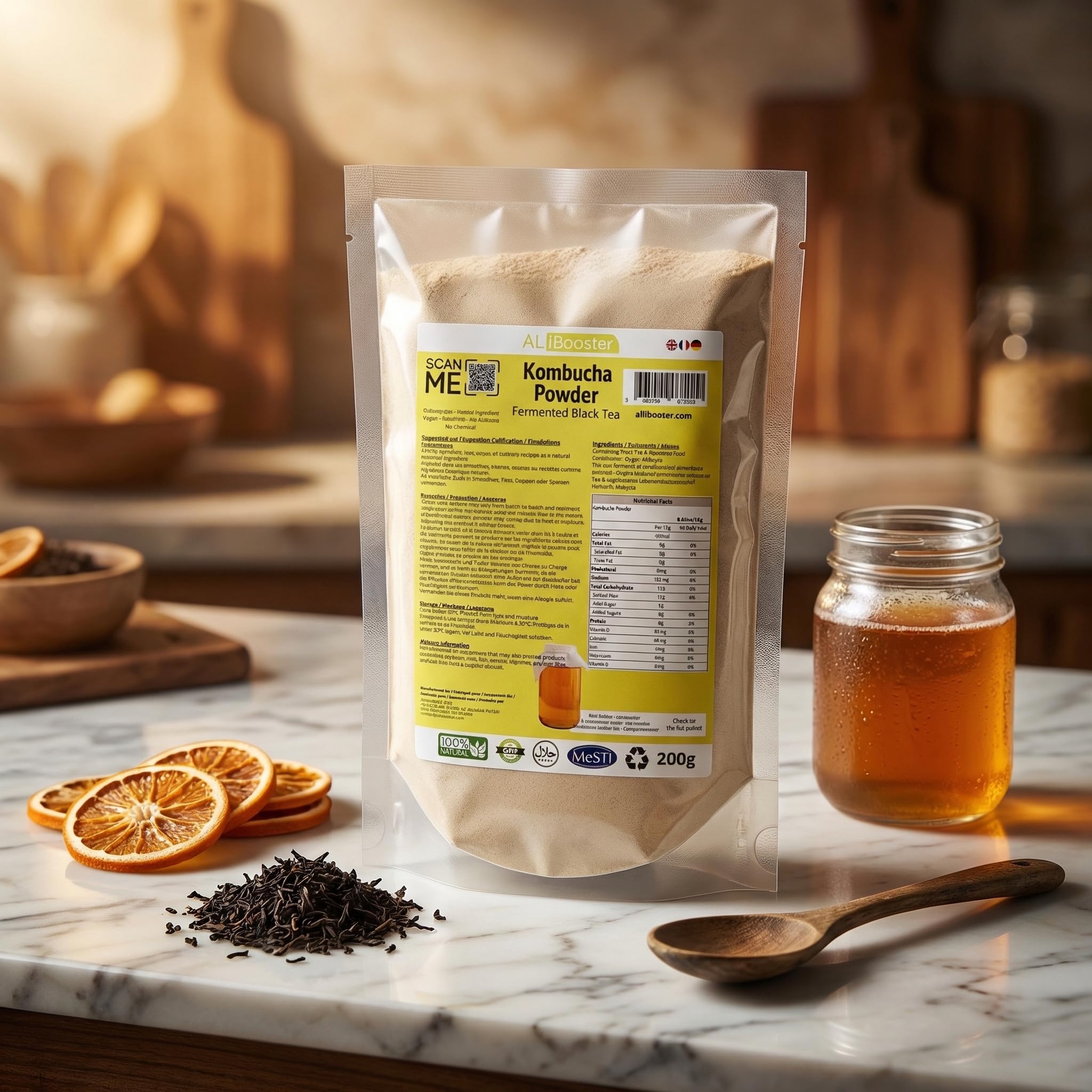Extrait de thé noir fermenté Camellia sinensis Kombucha - Poudre 200g pur 100% naturel sans additif - Pour soupe, smoothies, café, boissons, pâtisseries