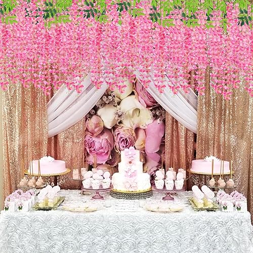 Miniatura 4 de Paquete de 12 flores colgantes de glicina artificial, flores de glicina falsas, vides de seda, decoración de ratán para el hogar, boda, arco, pared,