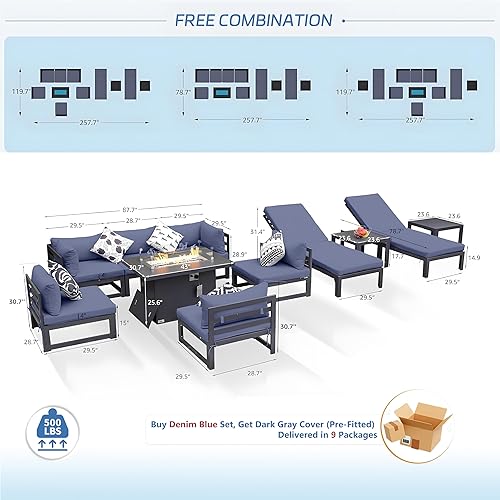Miniatura 600 de NICESOUL 7 Piece White Powder-Coated Aluminum Patio Furniture with Fire Pit Table, 29 Inch Extra Wide Outdoor Sectional Sofa for 6, High-End Heavy
