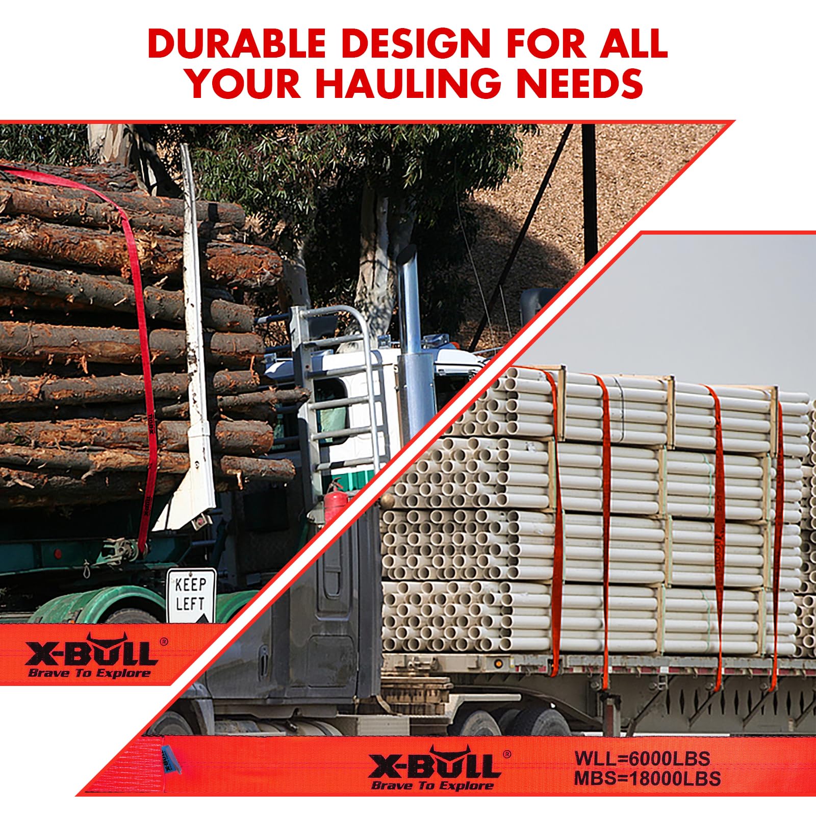 X-BULL Cinghie per verricello da 10,2 cm x 7,6 m, resistenza alla rottura di 8,2 kg, peso massimo 2721,6 kg, resistenti cinghie per rimorchi a pianale piatto, camion, salva-alberi, colore rosso