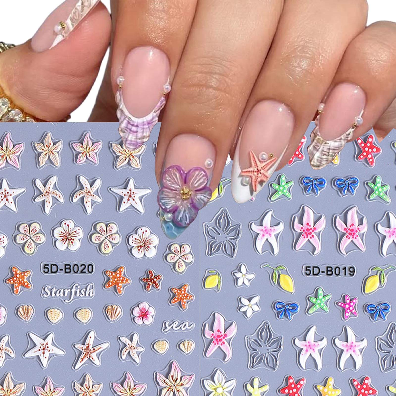 2 Sheets Colorful Starfish Nail Stickers, Flower Nail Decals, 5D Embossed Self-Adhesive Nail Art Stickers for Women DIY Summer Flowers, Shells, Bows,