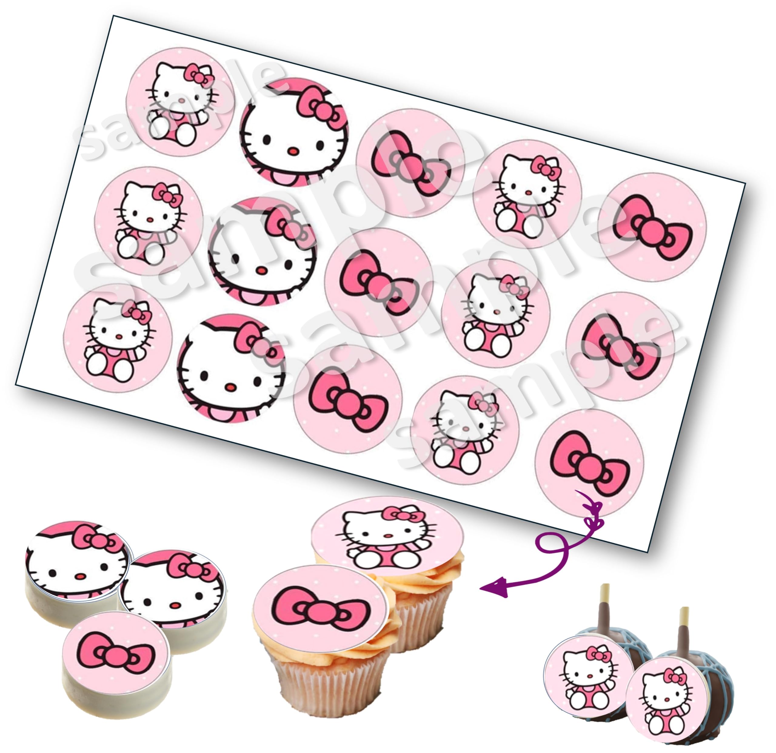 Hello Edible images Kitty for cookies chocolate covered, edible image cupcake topper printed on edible paper sugar icing sheet, for cookie decorating, 15 circles 2