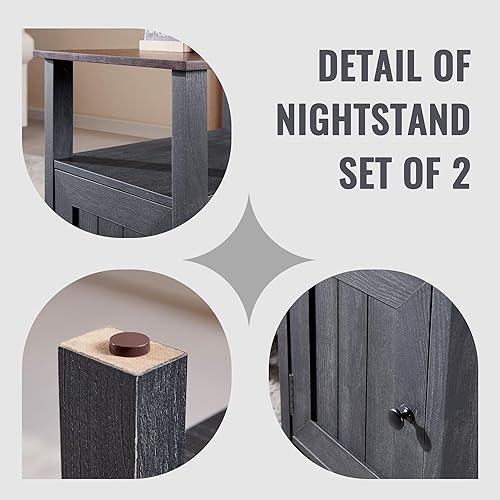 Miniatura 6 de Juego de 2 mesitas de noche de granja, mesita de noche estrecha con estación de carga, juego de 2 mesitas de noche con almacenamiento y estante