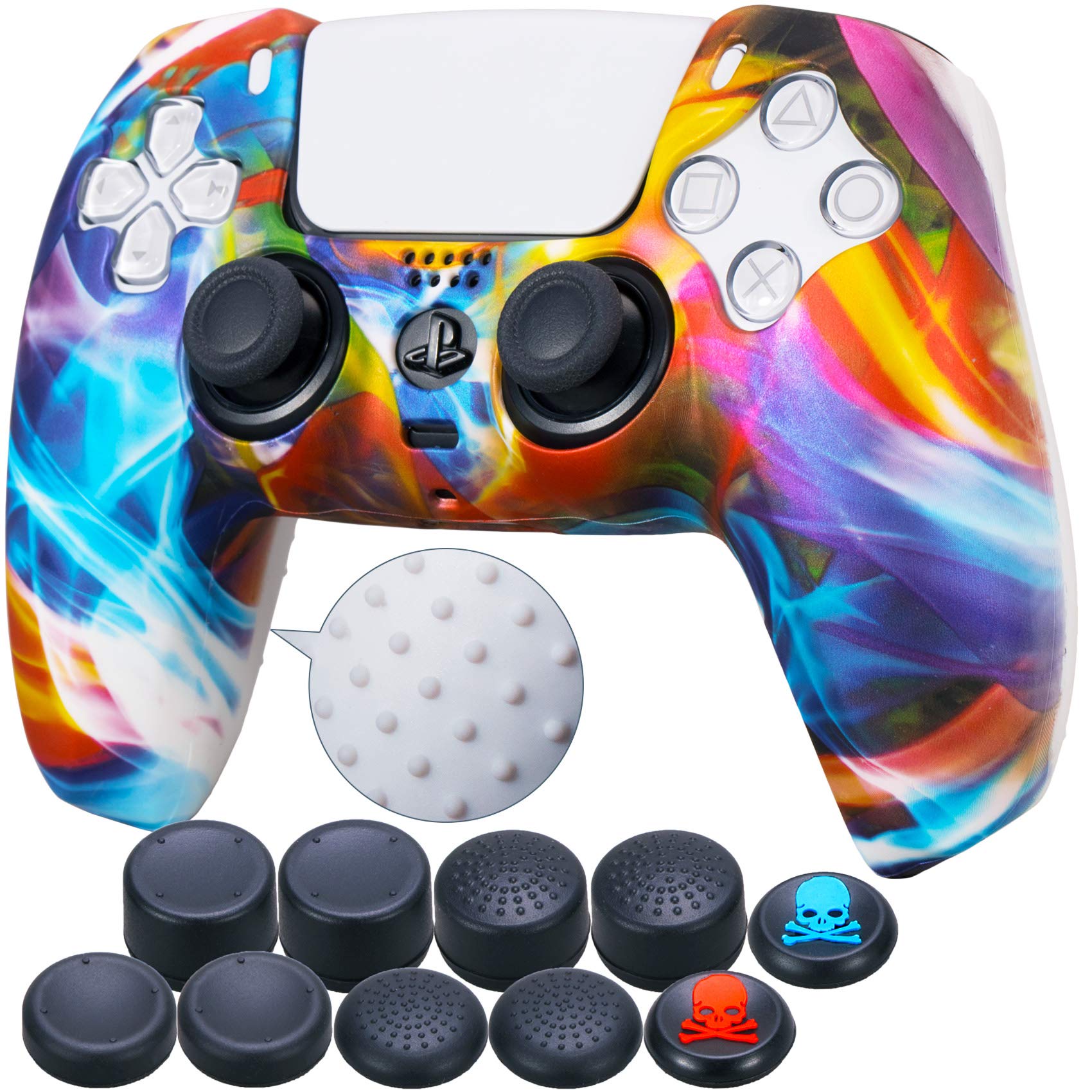9CDeer 1 Piece of Silicone Transfer Print Protective Cover Skin + 10 Thumb Grips for Playstation 5 / PS5 / Dualsense Controller Rainbow