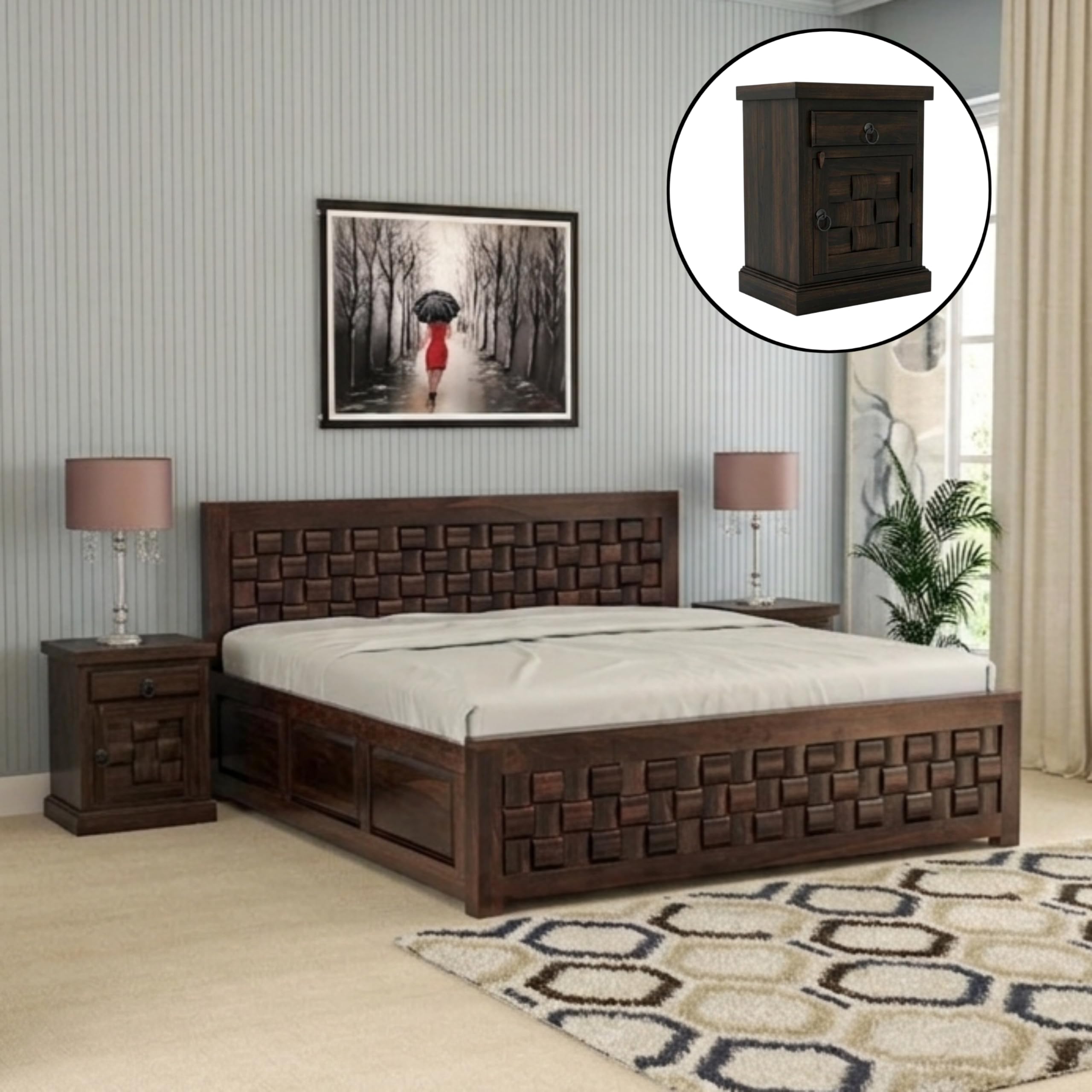 Solid Sheesham Wood Queen Size Bed with Storage+2 Side Tables|Wooden Box King Size Double Cot Bed with Storage Box & Bedside for Home, Bedroom,Living Room,HotelNiwar Design,Walnut Finish-image-28