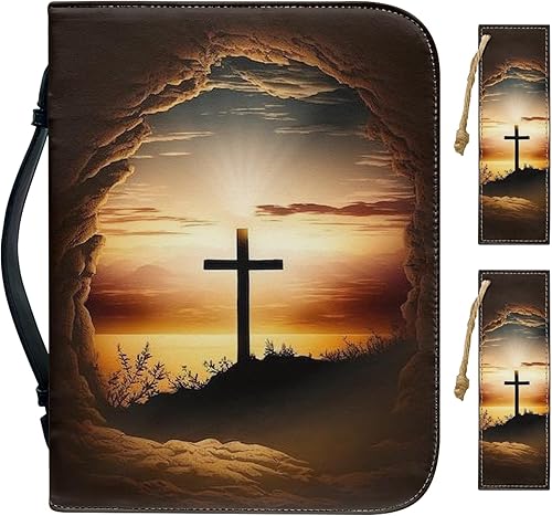 Juego de 3 fundas de Biblia con estampado cruzado para mujer, ligera, de piel sintética, con asa duradera y bolsillo con cremallera, L
