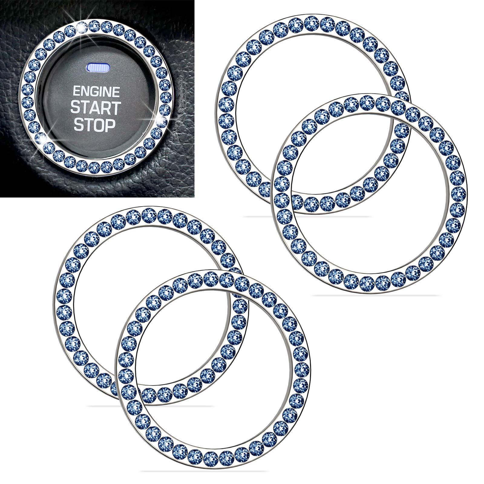 Anourney 4PCS Blue Bling Crystal Rhinestone Car Engine Ignition Button Ring, Car Emblem Sticker, Girly Car Interior Accessory Decoration for Push to Start Button Cover, AC Control Knob,Car Shift Cover