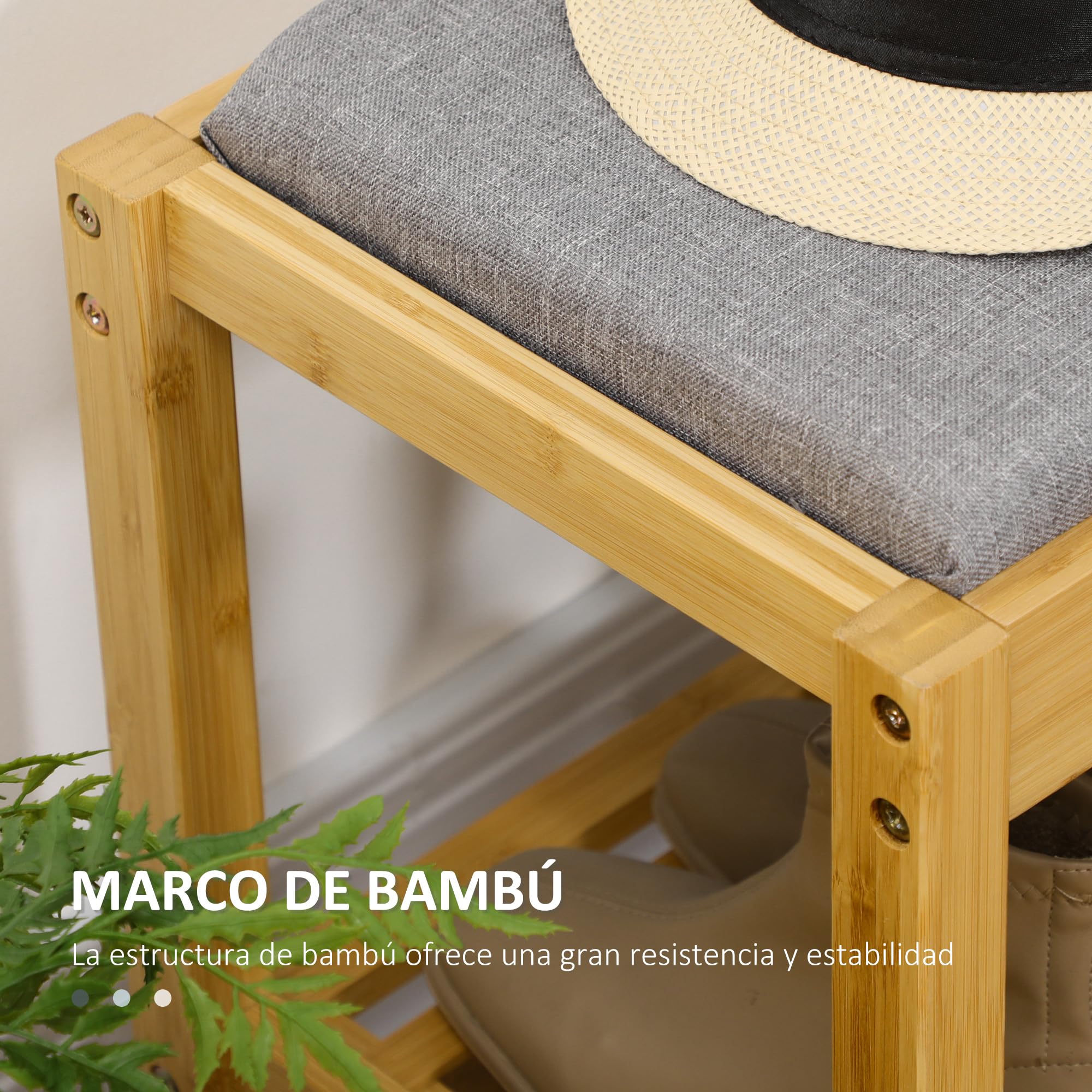 HOMCOM Banco Zapatero de Bambú con Asiento Tapizado 90x30x46 cm Natural
