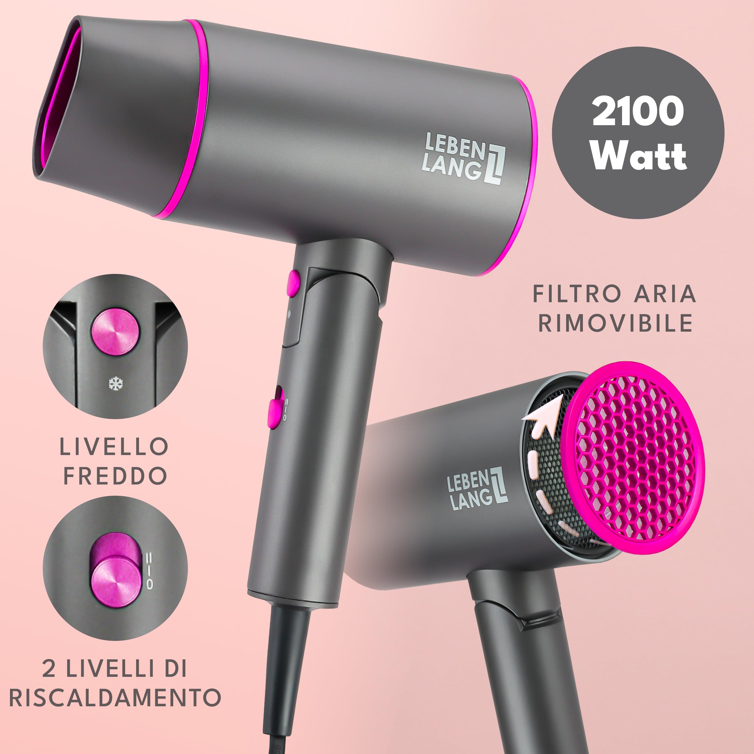 LEBENLANG Asciugacapelli ionico 2100 W – Antiforcelle con modalità aria fredda – Asciugacapelli da viaggio pieghevole piccolo – Asciugacapelli ionico – Asciugacapelli professionale – grigio rosa