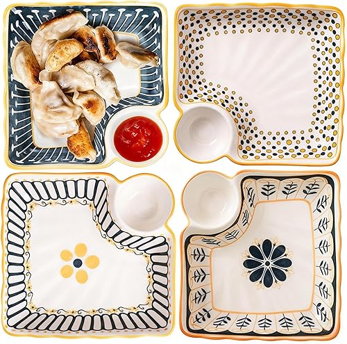 Paquete de 4 platos para albóndigas con platillo de inmersión, plato de cerámica japonés de sushi japonés de 7.5 pulgadas, colorido plato cuadrado