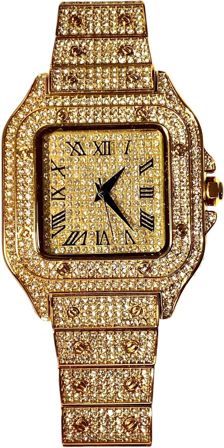 Men's Wrist Gold Silver Watch Band Luxury CZ Diamond Iced Bracelet Roman Numeric Square Dial Watch For Men Women Hip Hop Rapper Choice, Men Watch, Men's Jewelry, Iced Custom Fit, Bust Down Watches