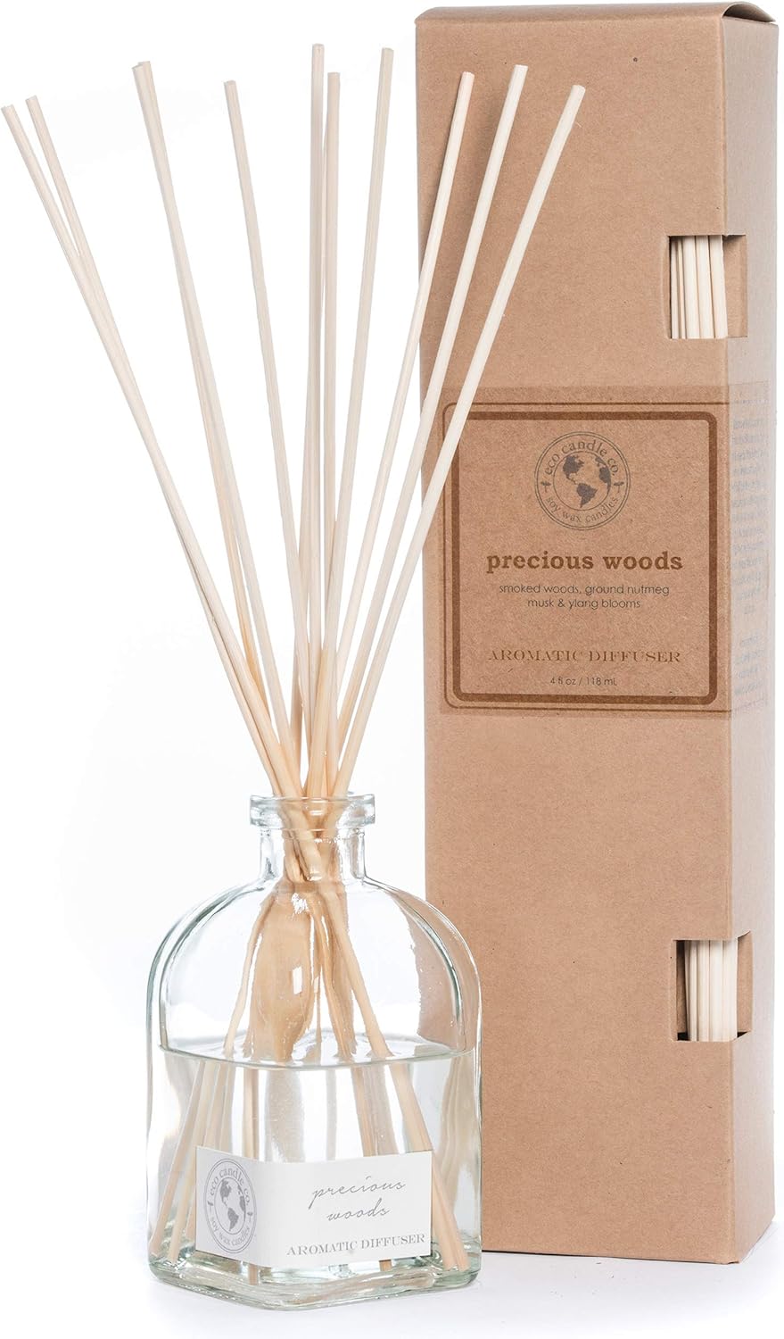 ECO CANDLE CO. Reed Diffuser Set, Seagrass, 4 oz. - Scents of Coconut, Jasmine, Eucalyptus, Vetiver, Driftwood, & Seaweed - Premium Fragrance & Essential Oils, Clear Glass, 12 Reeds, Recycled Box