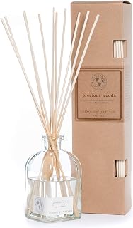 ECO CANDLE CO. Reed Diffuser Set, Precious Woods, 4 oz. - Scents of Smoked Wood, Nutmeg, Musk, & Ylang - Premium Fragrance and Essential Oil Blends, Clear Glass, 12 Reed Sticks, Recycled Kraft Box