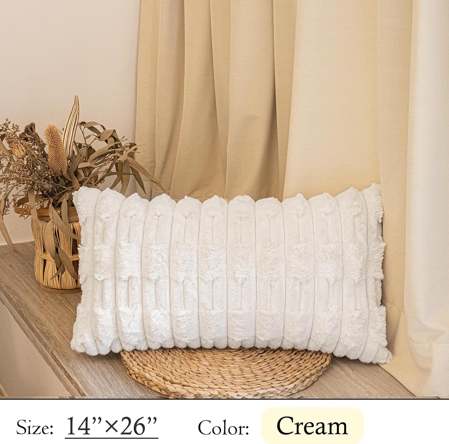 JoraLion Faux Fur Throw Pillow Covers 14 x 26 inch, Cream Soft Decorative Lumbar Pillow Cover Luxurious Pillow Case Home Decor for Sofa Bed Room Livingroom