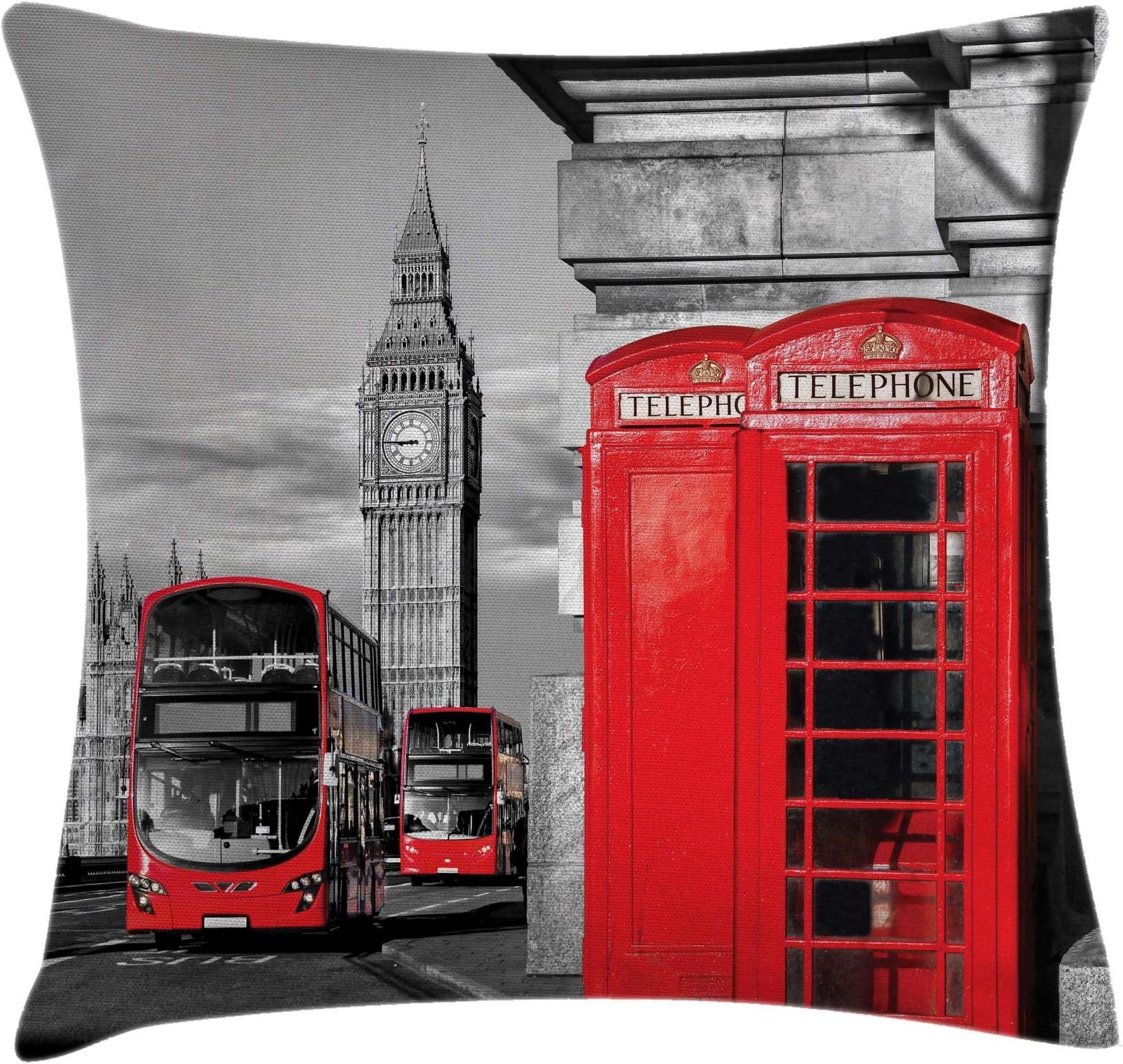 ambesonneLondon Throw Pillow Cushion Cover, London Telephone Booth in The Street Traditional Local Cultural England UK Retro, Decorative Square Accent Pillow Case, 18" X 18", Grey Red