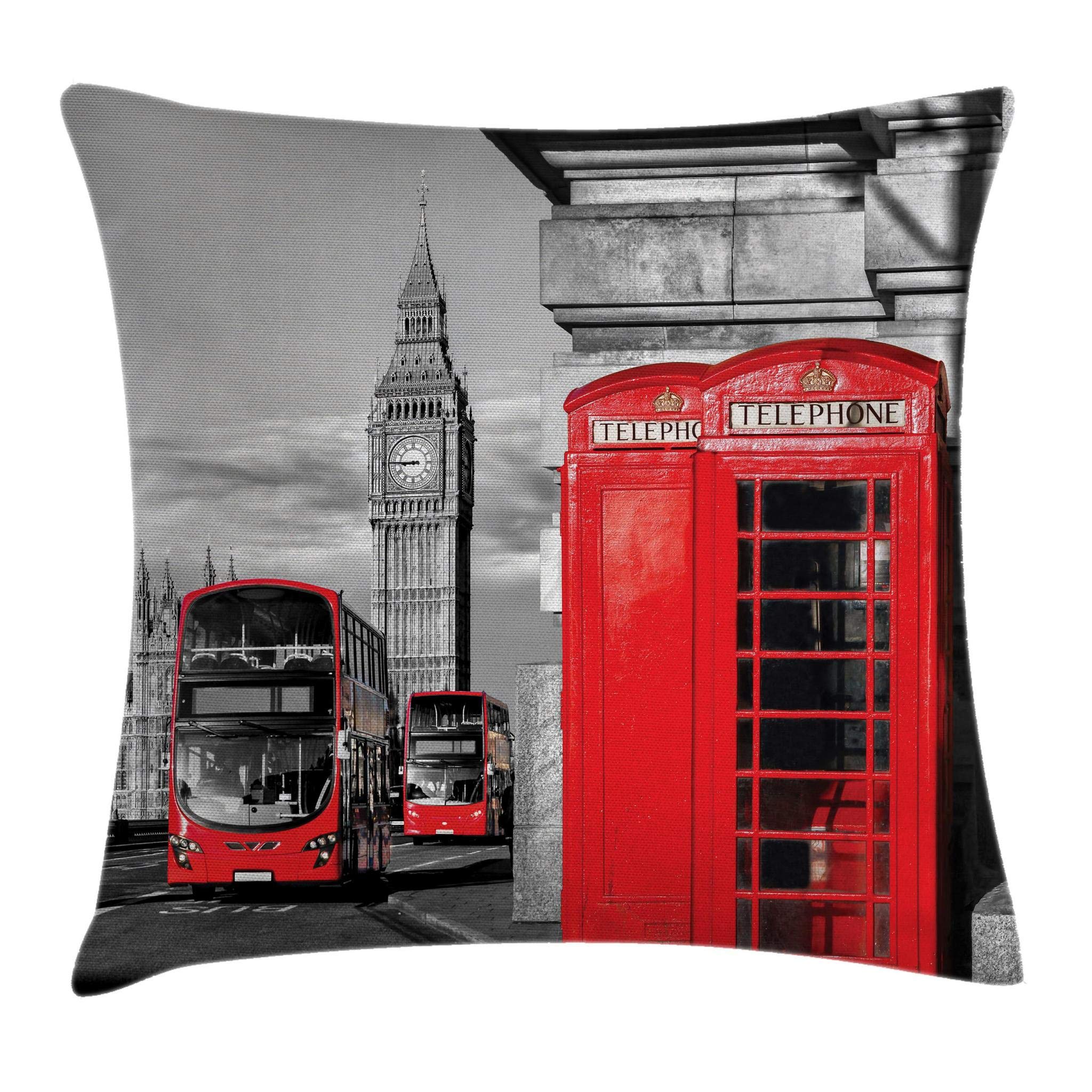 ambesonneLondon Throw Pillow Cushion Cover, London Telephone Booth in The Street Traditional Local Cultural England UK Retro, Decorative Square Accent Pillow Case, 18" X 18", Grey Red