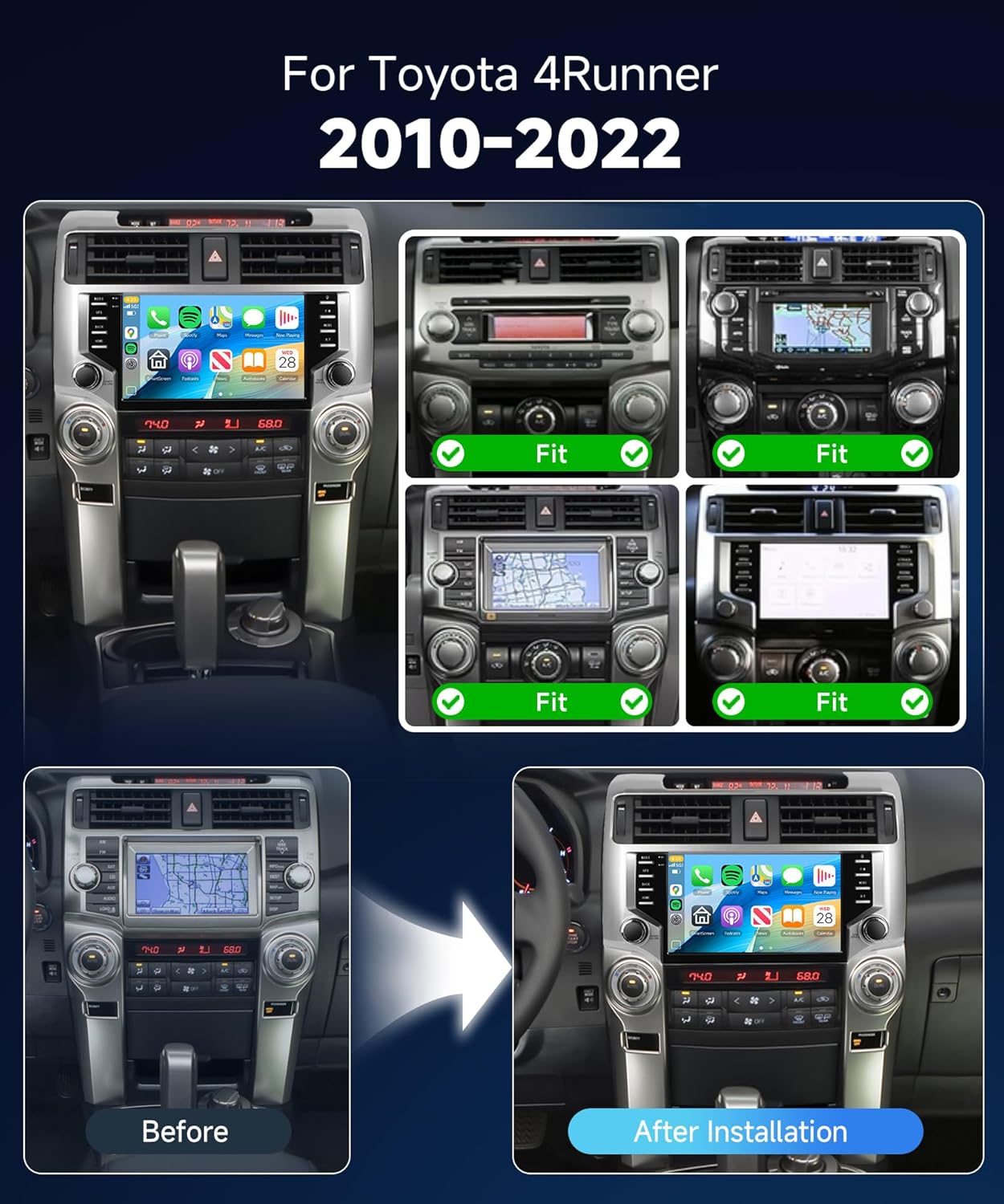 Before and after installation of the car stereo in a Toyota 4Runner dashboard.