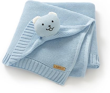 LAWKUL Baby Blanket Cotton Newborn Lovey for Girls Boys, 40x30 inch, Bear | Security Blankets, Soft Knit Snuggle Comfort, Infant Toddler Unisex, Crib Receiving, Nursery Swaddling