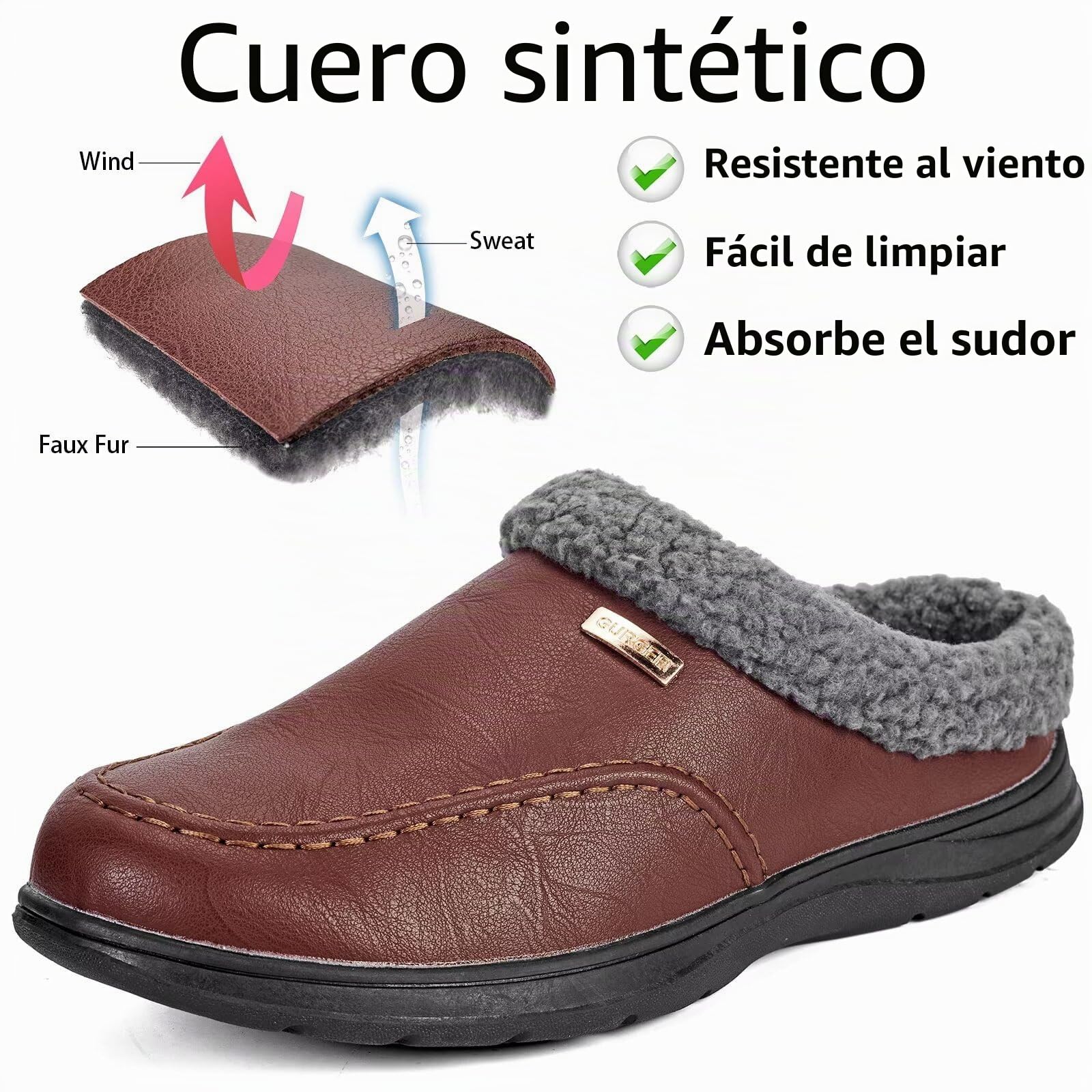 Zapatillas de Casa Hombre Cuero Invierno Forro Cálido Antideslizantes Zuecos y Mules