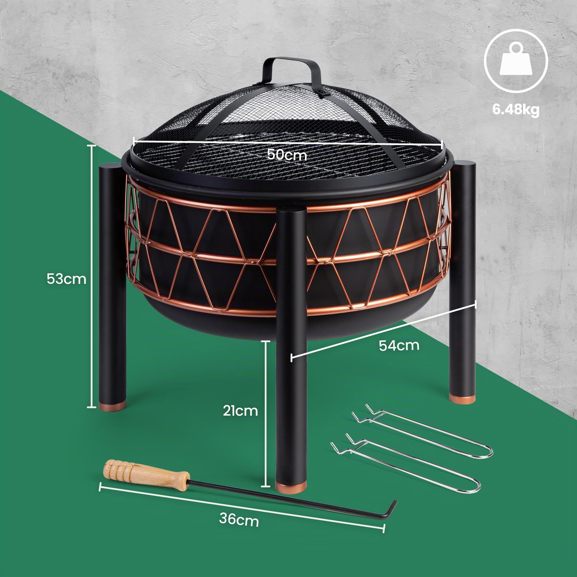 VonHaus Brasero – 2-en-1 con Parrilla BBQ para Exterior, jardín y Patio, en Acero Negro con Detalle Cobre, Incluye atizador y Tapa de Malla, Compatible con leña o carbón