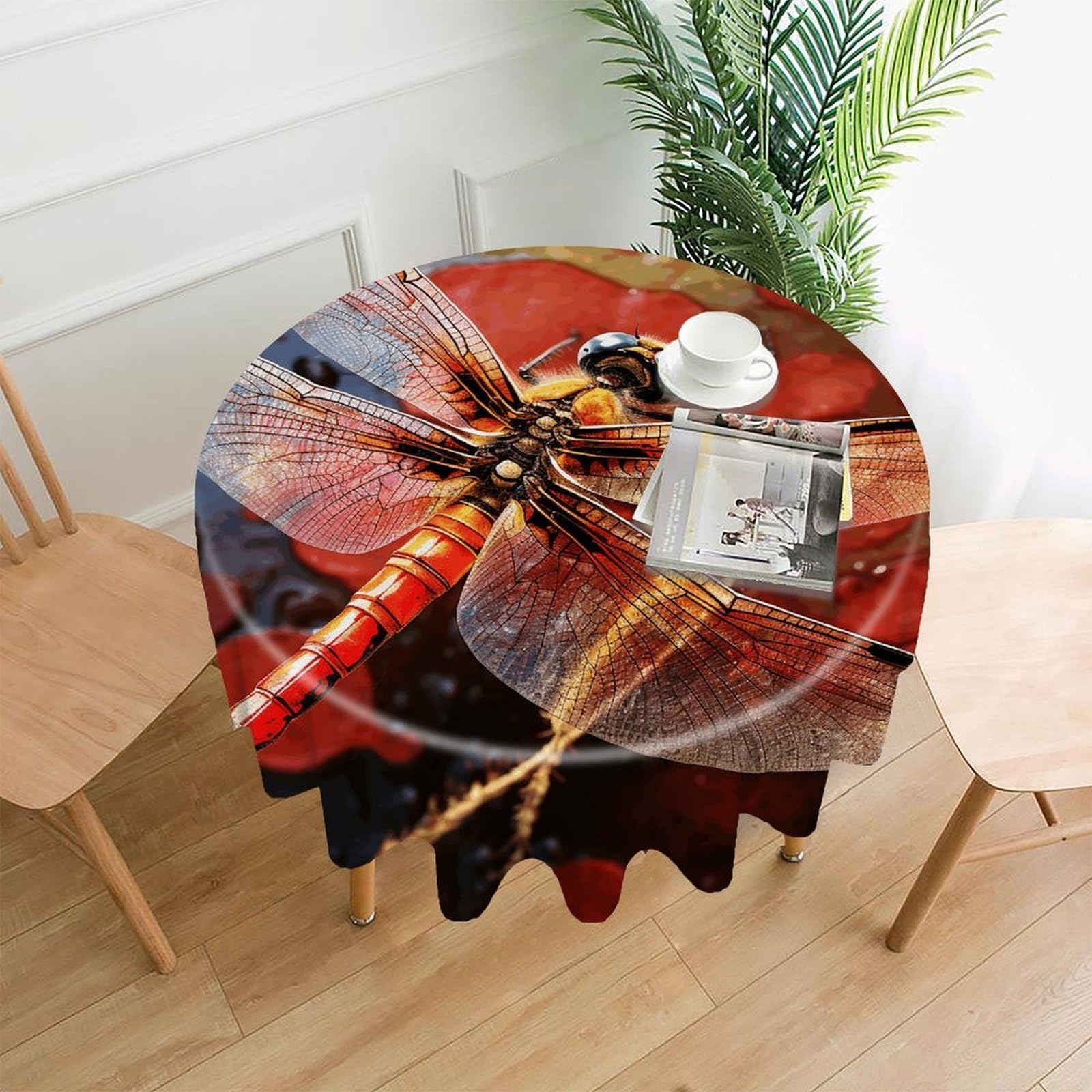 VstaDank Red Dragonfly Tablecloth Easy to Clean Polyester Round Table Cover Washable Round Table Cloth Wrinkle-Free Circle Decoration Tablecloth for Kitchen Dining Room 60"