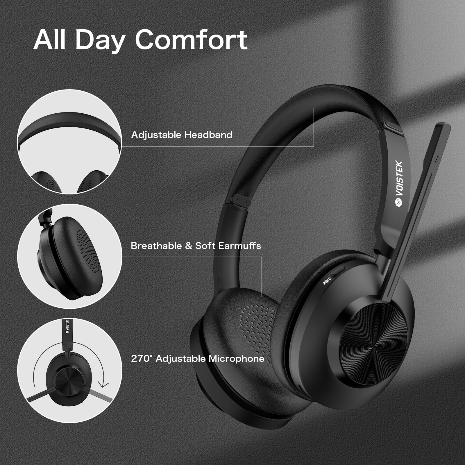 Voistek Cuffie con microfono Bluetooth e USB Dongle, batteria da 50 ore, auricolari wireless con microfono, cancellazione del rumore, casa, ufficio, call center