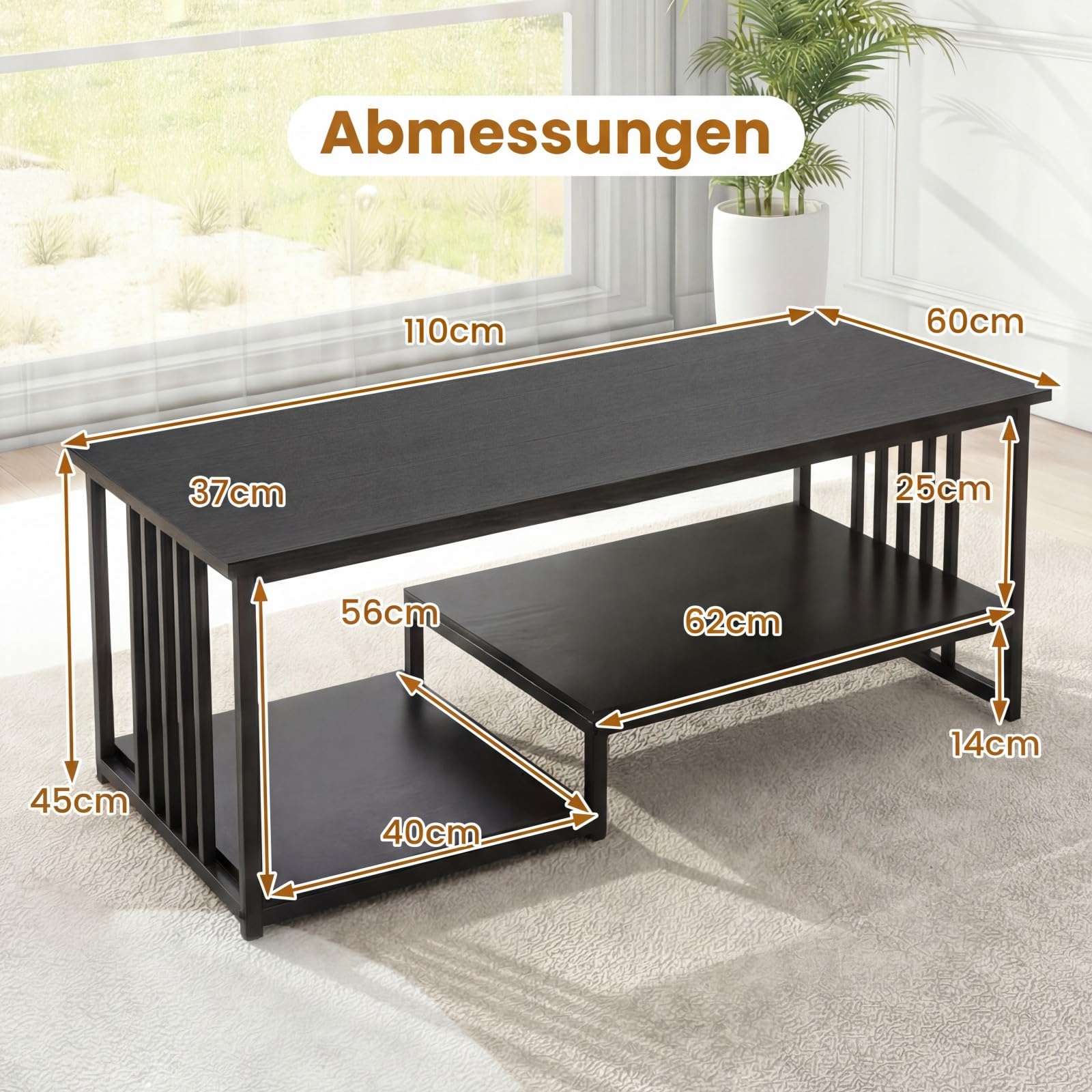 COSTWAY Couchtisch, Wohnzimmertisch 3 Ebenen mit robustem Metallgestell, Industrie-Design, rechteckiger Kaffeetisch 110 x 60 x 45 cm, Sofatisch für Wohnzimmer & Büro (Schwarz)